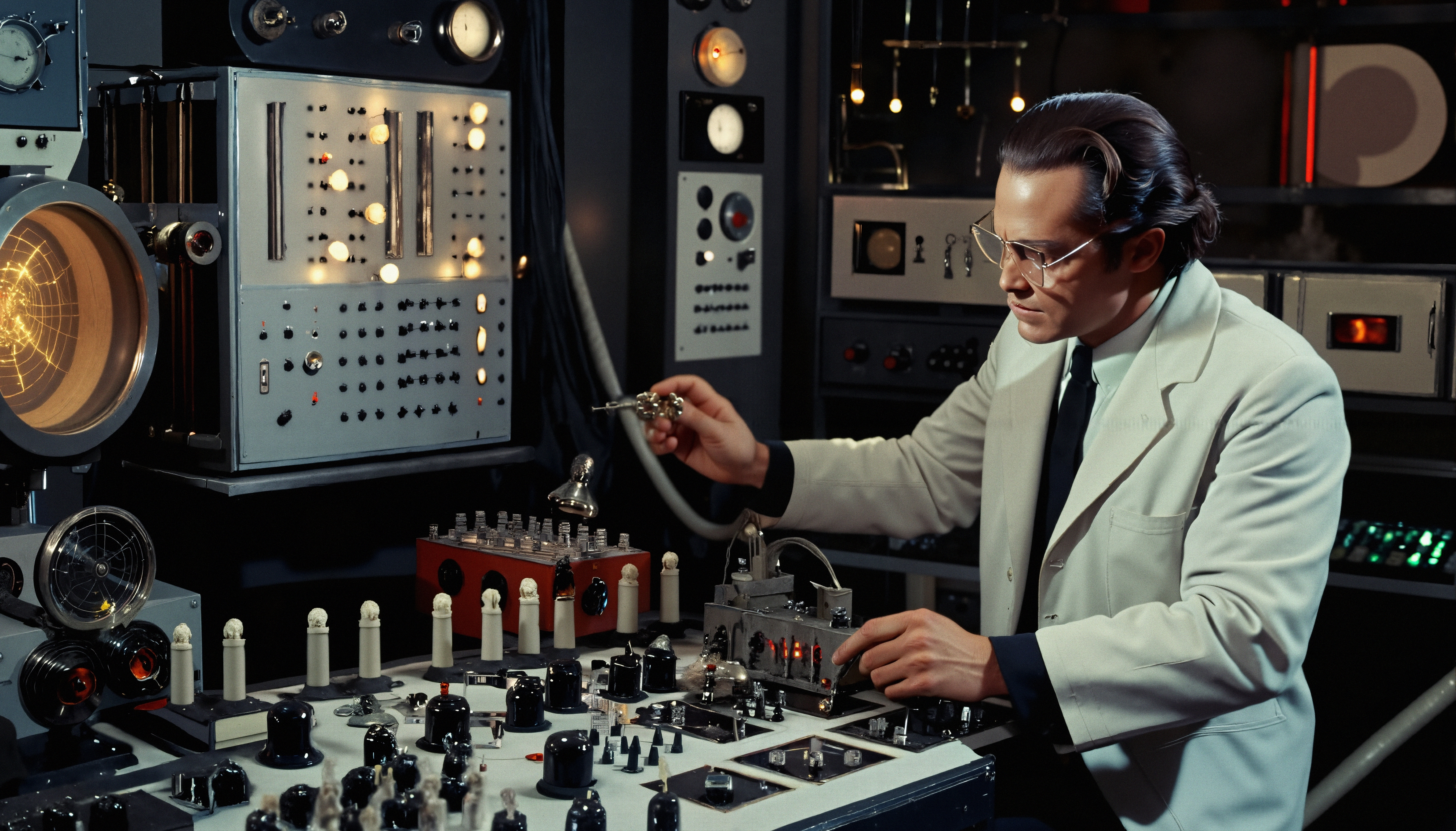 A scientist in a retro sci-fi lab adjusts intricate controls.