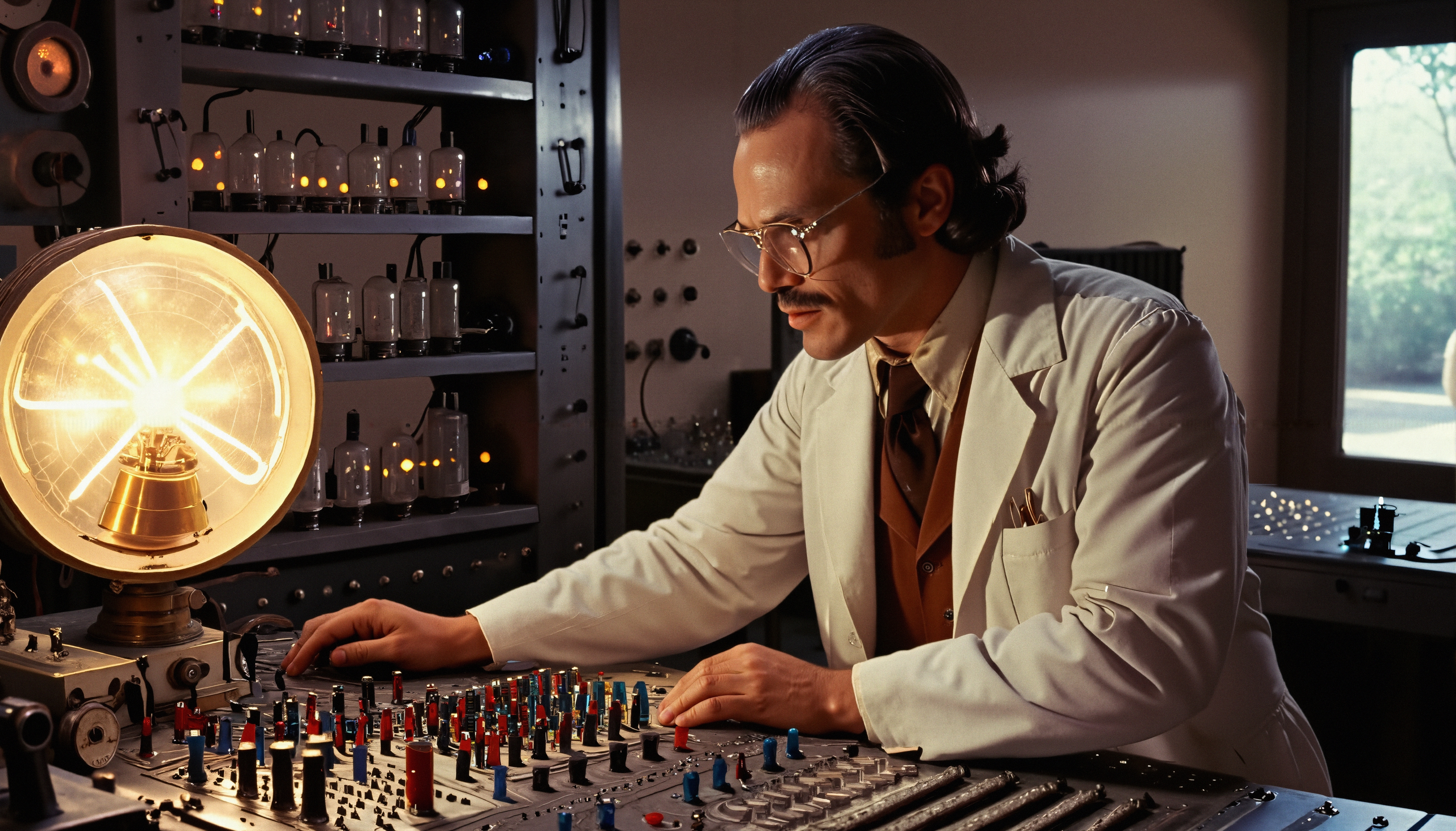 A scientist adjusting a vintage control panel in a retro laboratory setting, surrounded by electronic equipment and illuminated by a large glowing bulb.