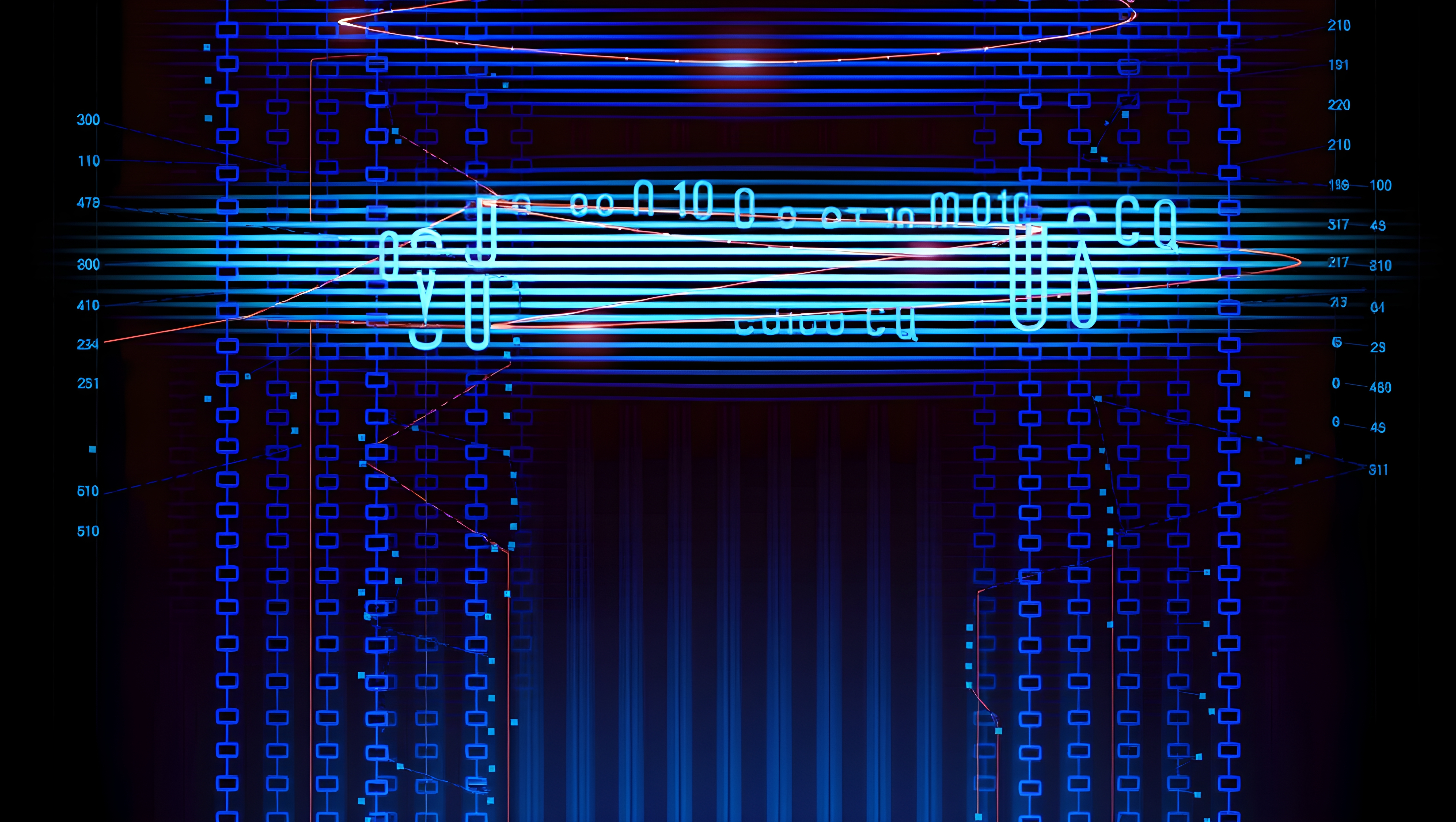 Futuristic digital interface with blue grid pattern, numbers, and symbols.
