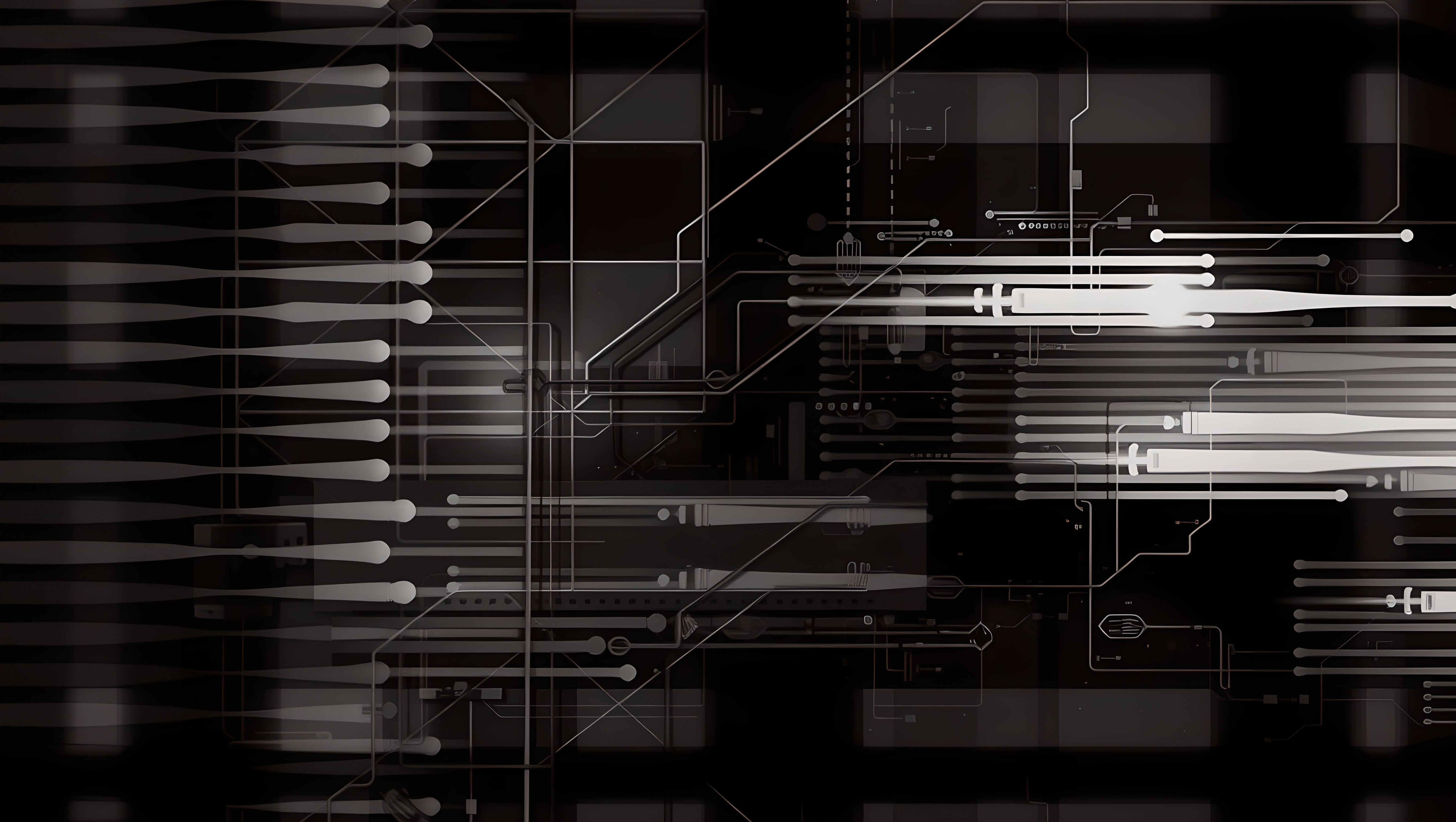 Abstract digital network design with dark background and intricate lines resembling a circuit pattern.