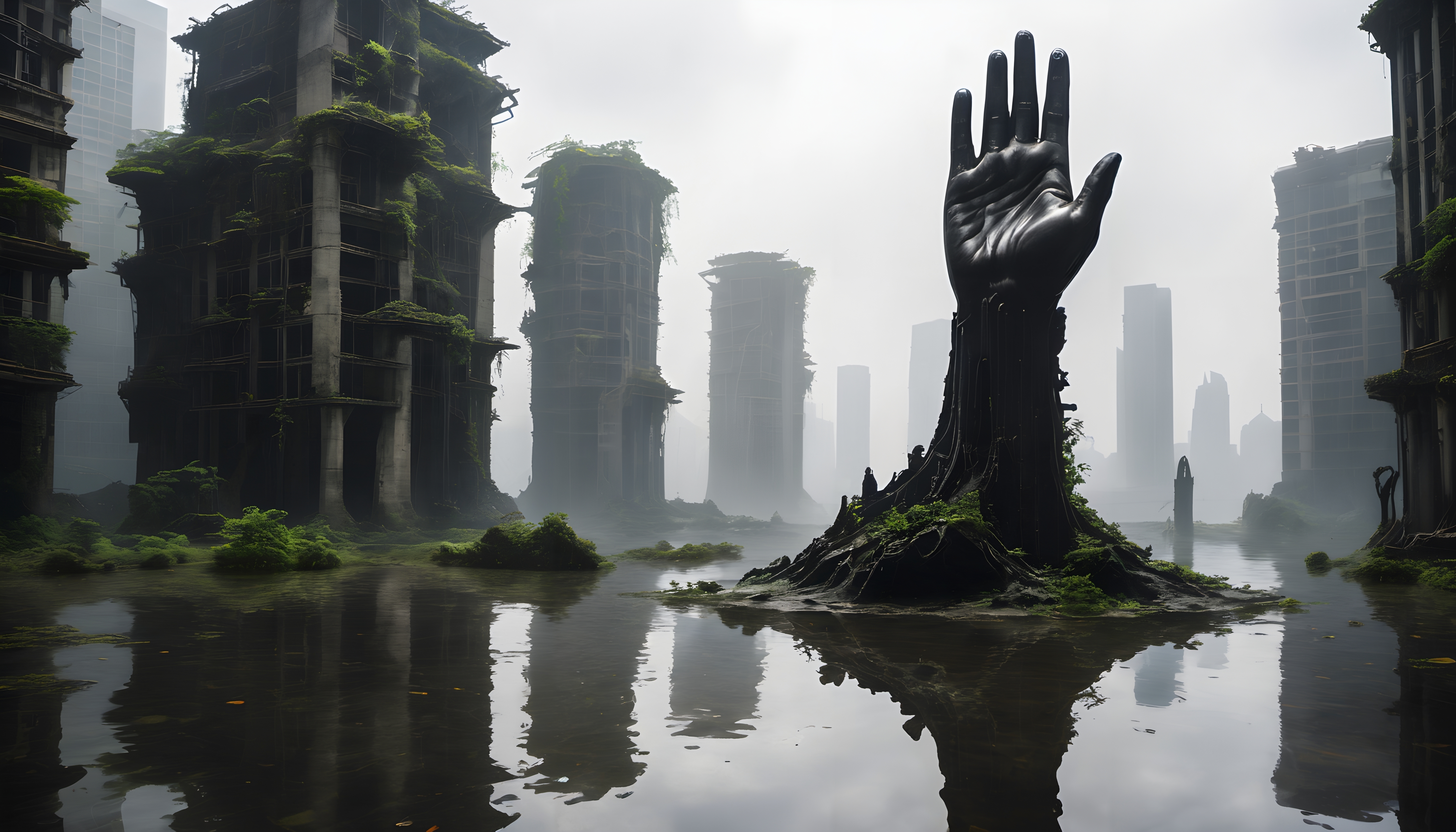A dramatic, giant hand sculpture rises amidst an abandoned, overgrown cityscape in a misty, post-apocalyptic setting.