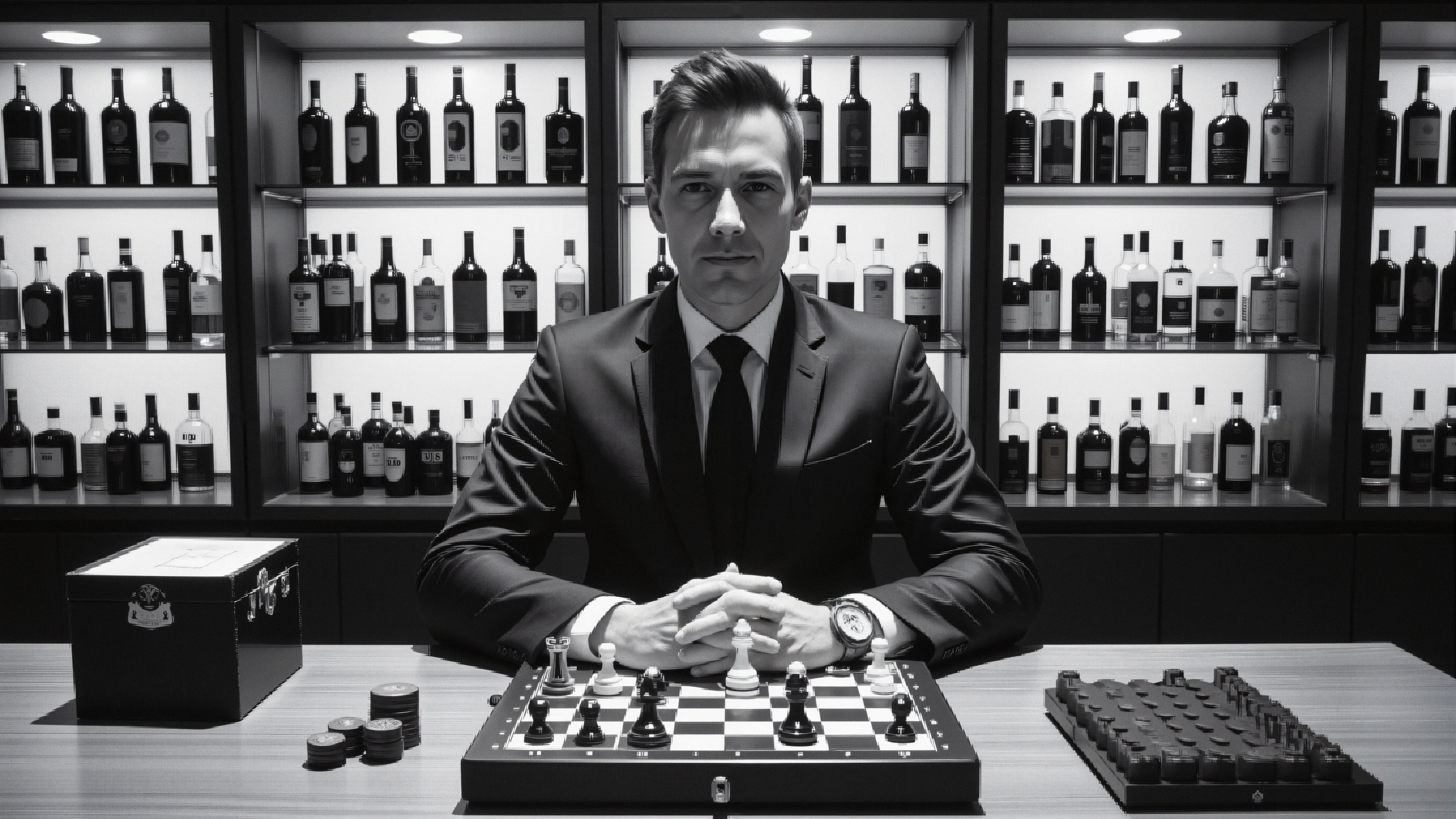 Man playing chess surrounded by liquor bottles in stylish black-and-white photo