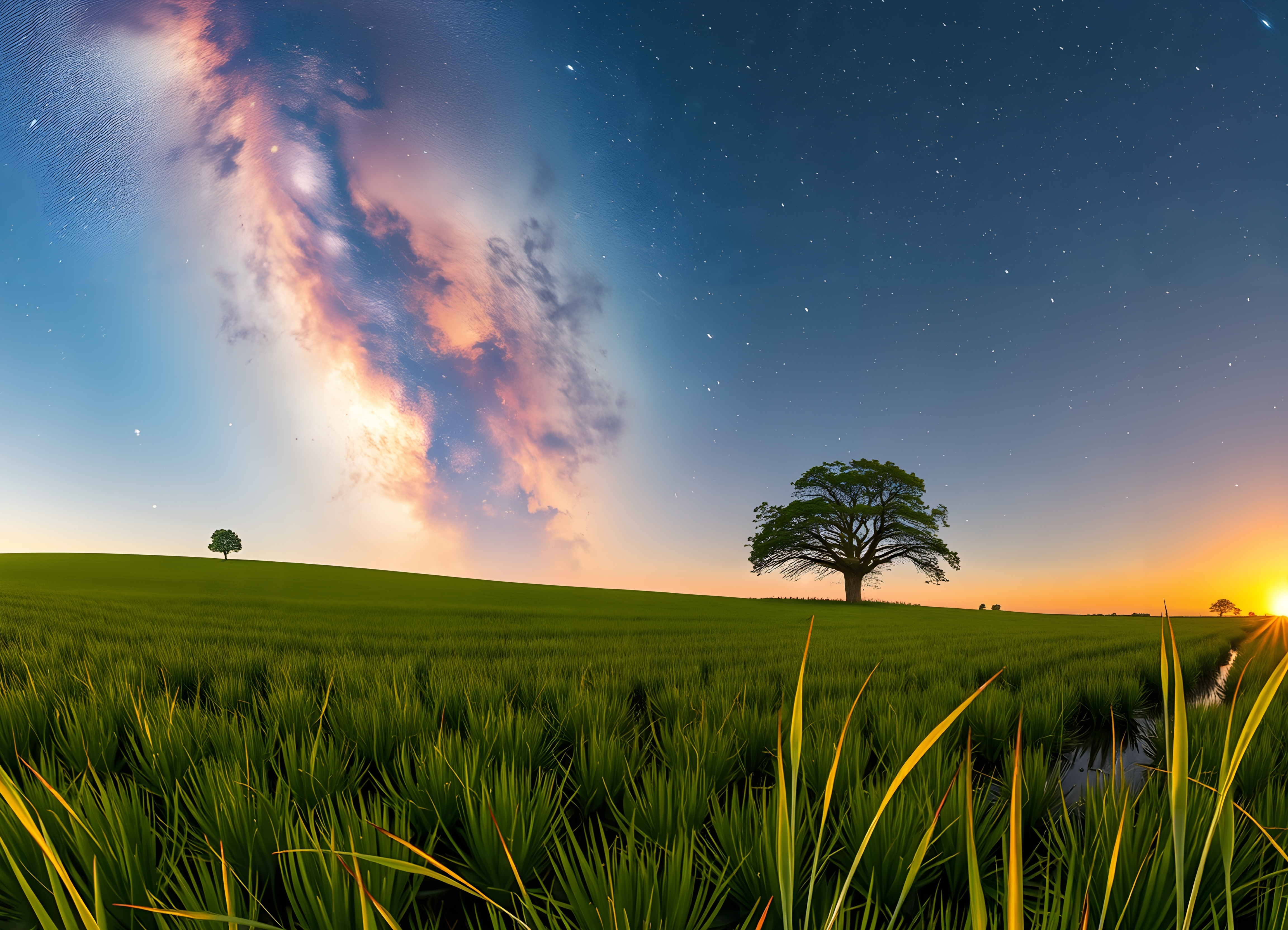 A vibrant star-filled sky over a serene, expansive field with a lone tree at sunset, reflecting captivating natural beauty.