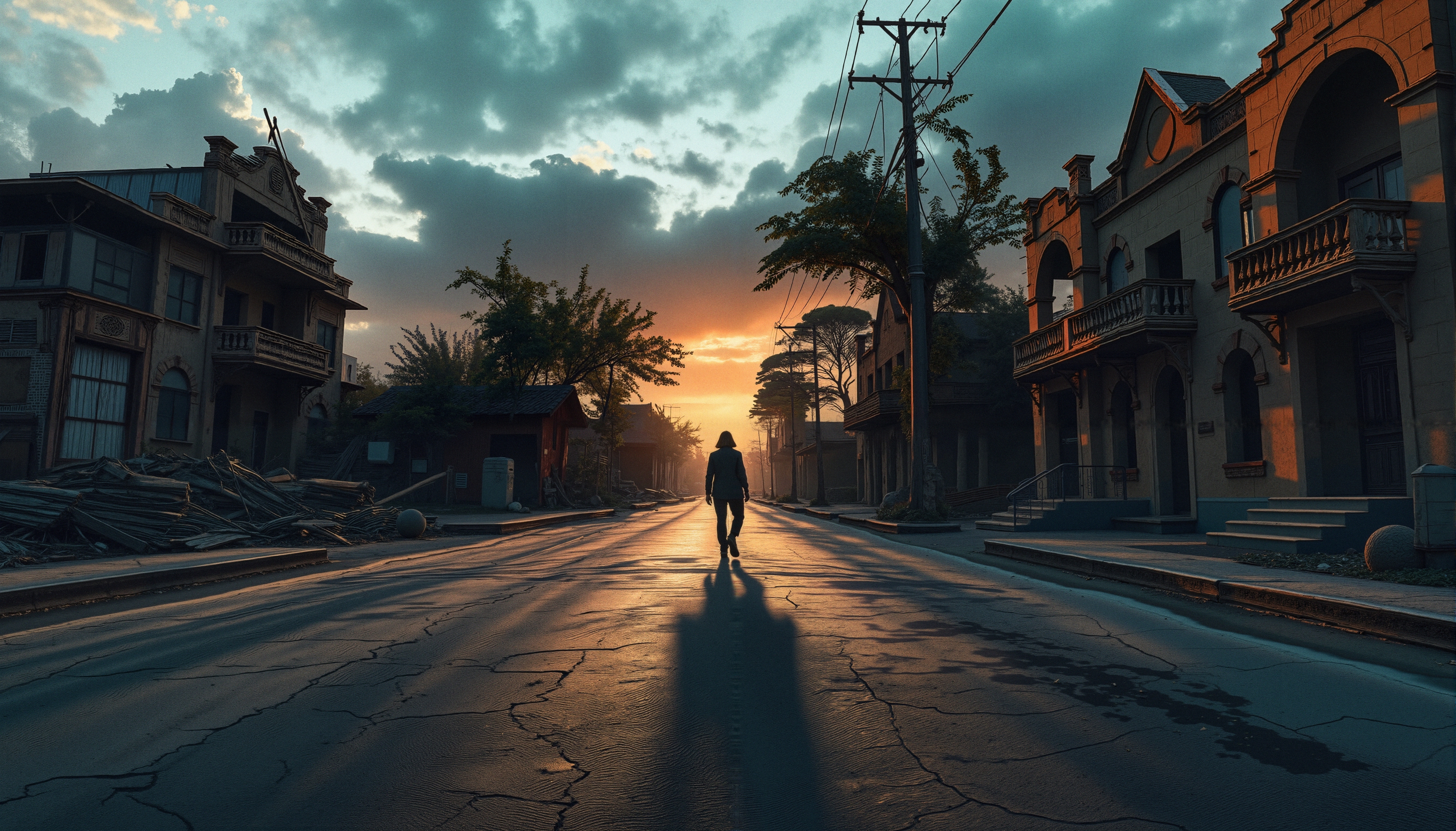 A solitary figure walks down a deserted street at sunset, with warm light casting long shadows across cracked pavement.