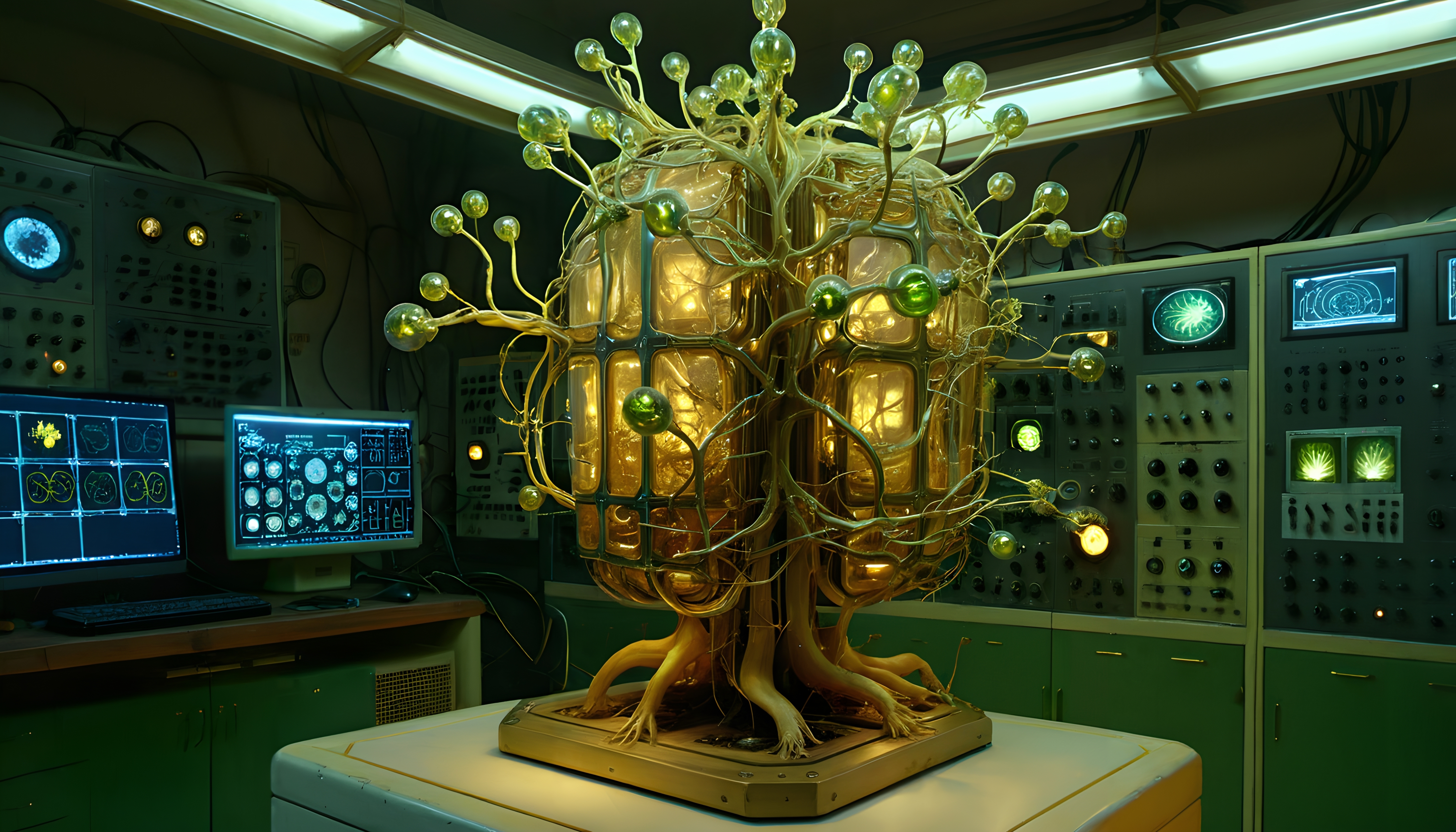 A glowing biotech machine in a vintage lab setting.