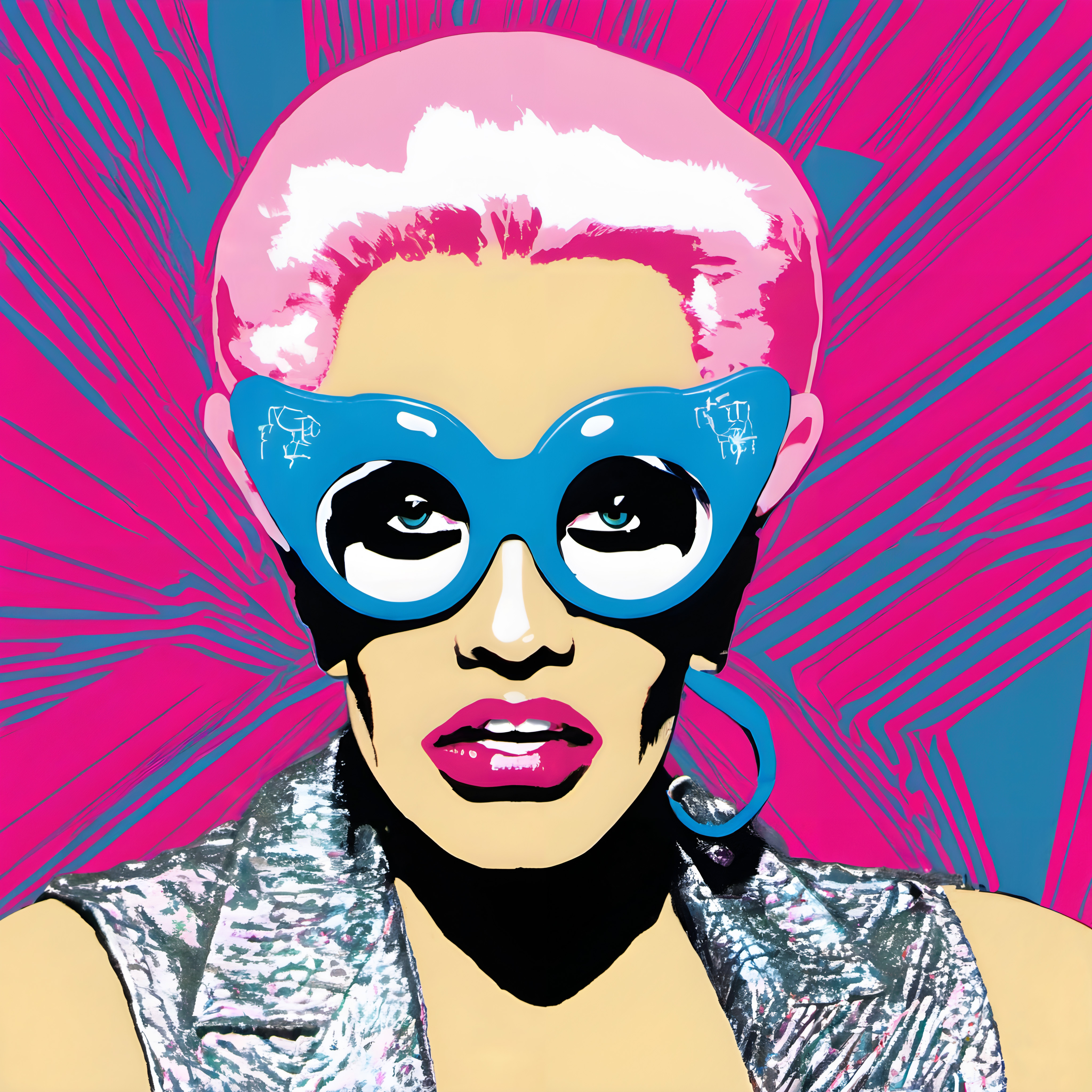 Glittering fashion icon wearing neon shades against explosive colorful backdrop