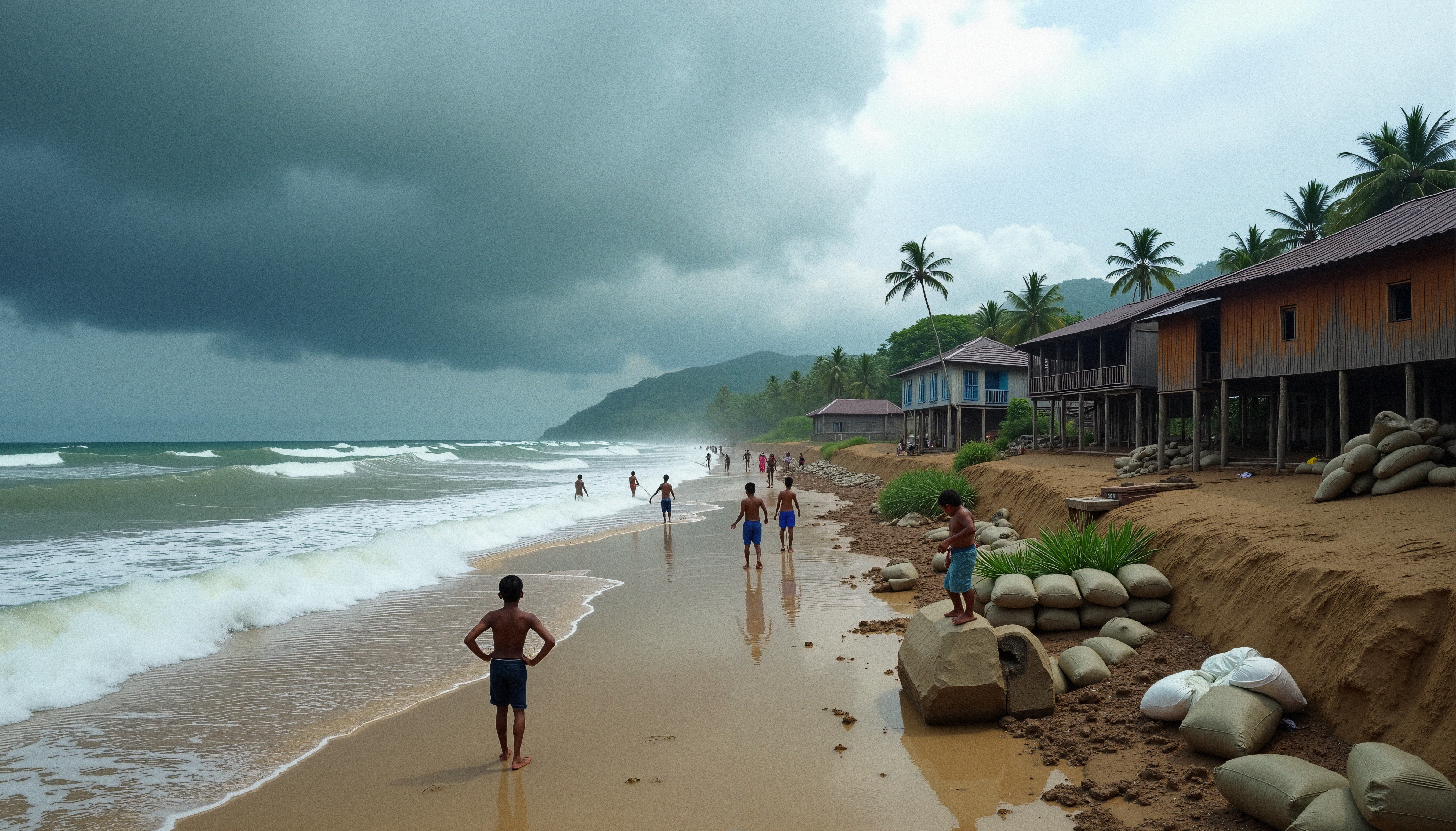 Tropical beach with kids playing amid storm clouds and protective sandbag barriers