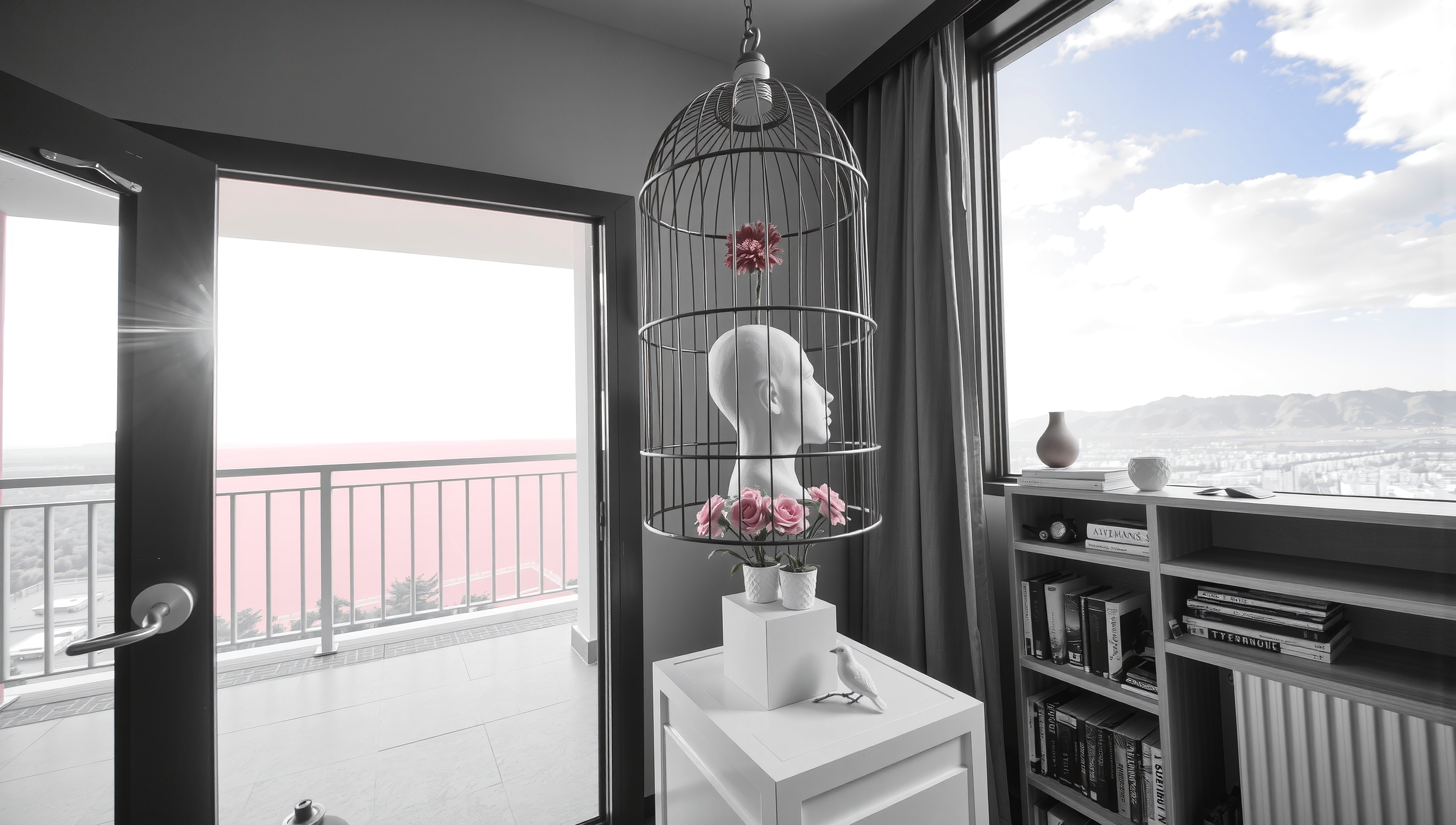 Surreal indoor scene with mannequin head in birdcage, surrounded by roses, near a balcony with mountain view.