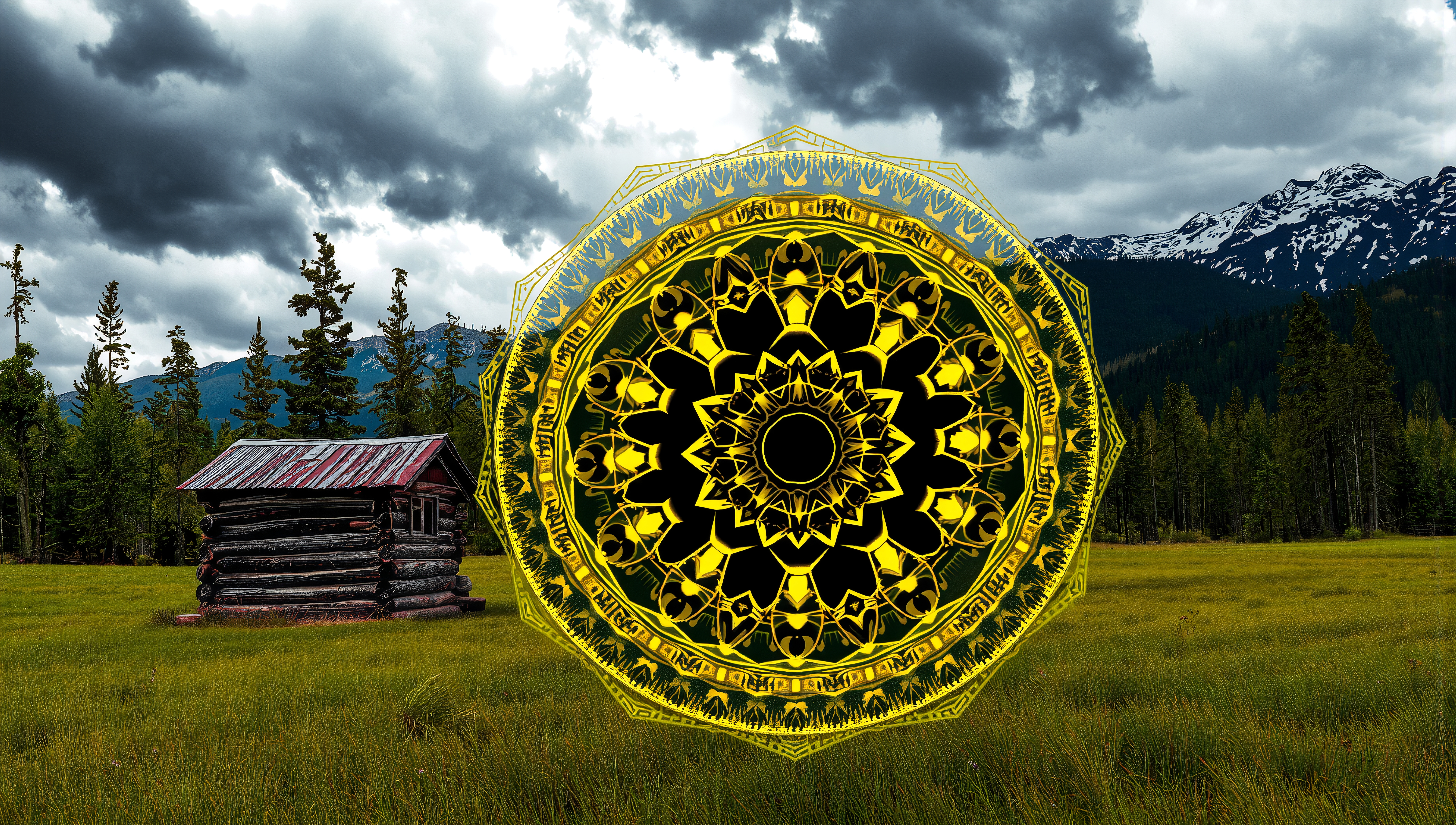 Rustic log cabin in green meadow with golden mandala overlay, snow-capped mountains, stormy sky