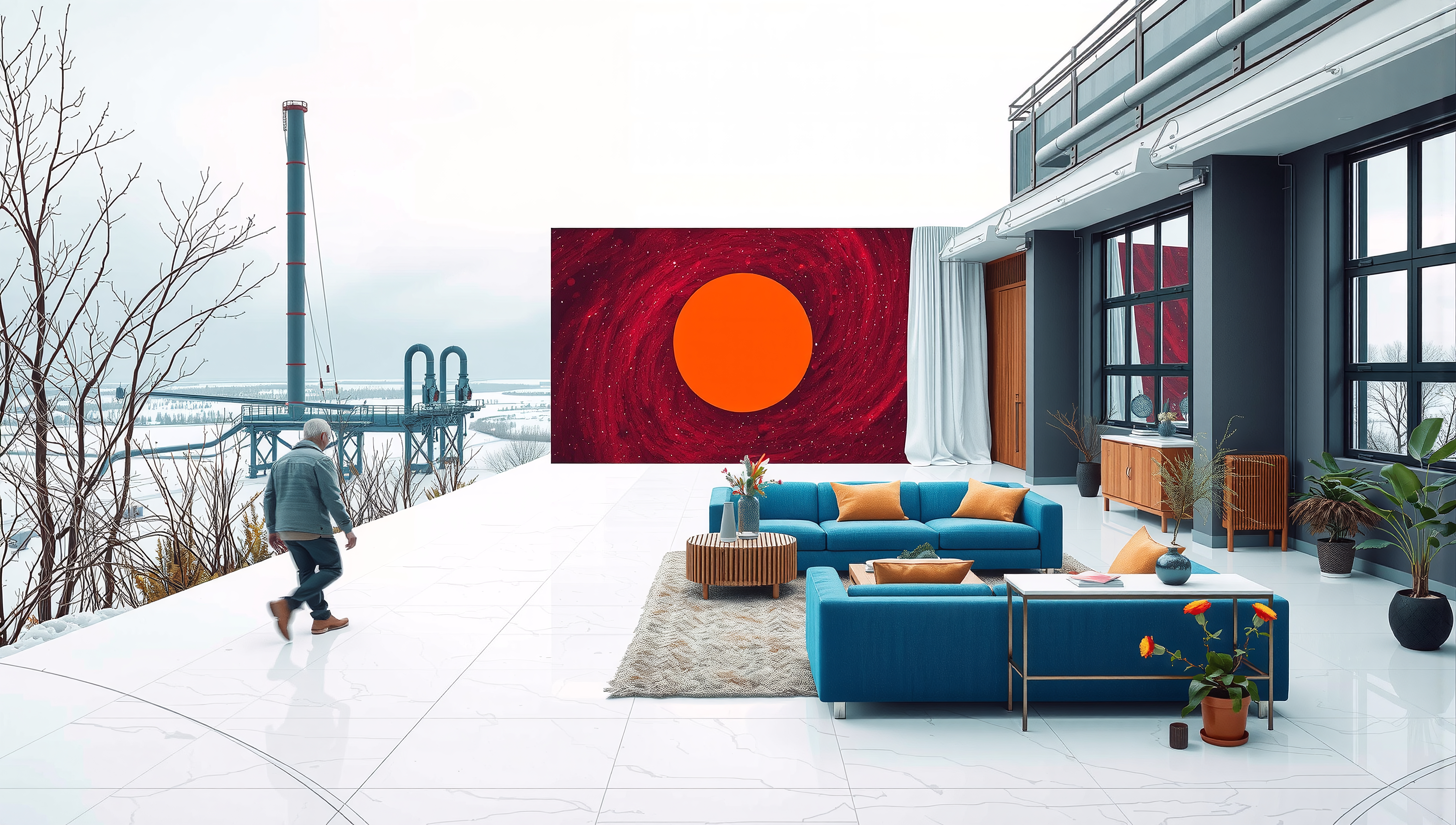 A modern living space blends vibrant interior design with outdoor industrial scenery, featuring blue and orange accents.