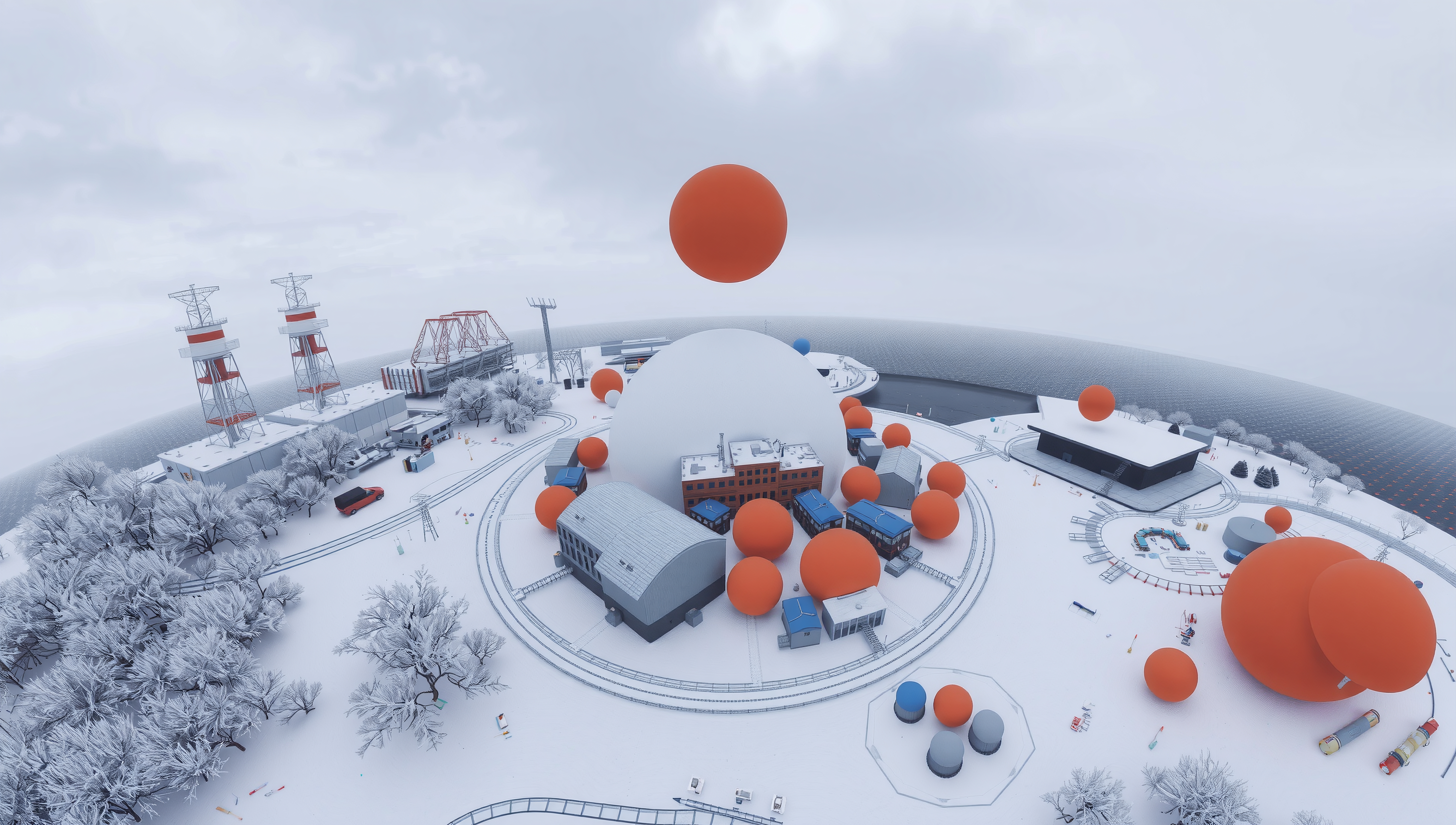 Snowy Landscape with Orange Spheres