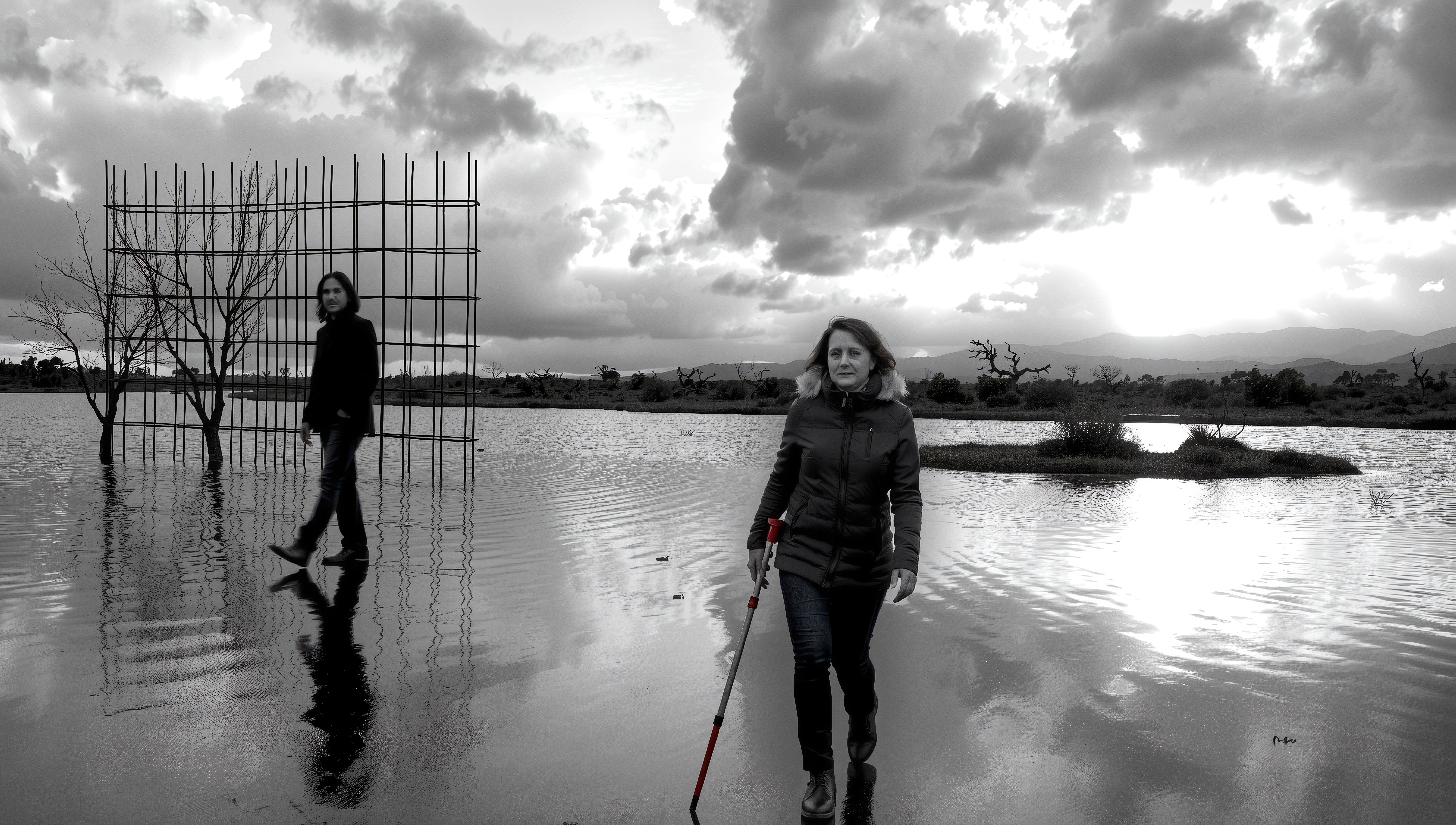 A woman using a white cane walks cautiously across shallow floodwaters alongside a solitary figure near a metal cage-like structure under dramatic skies.