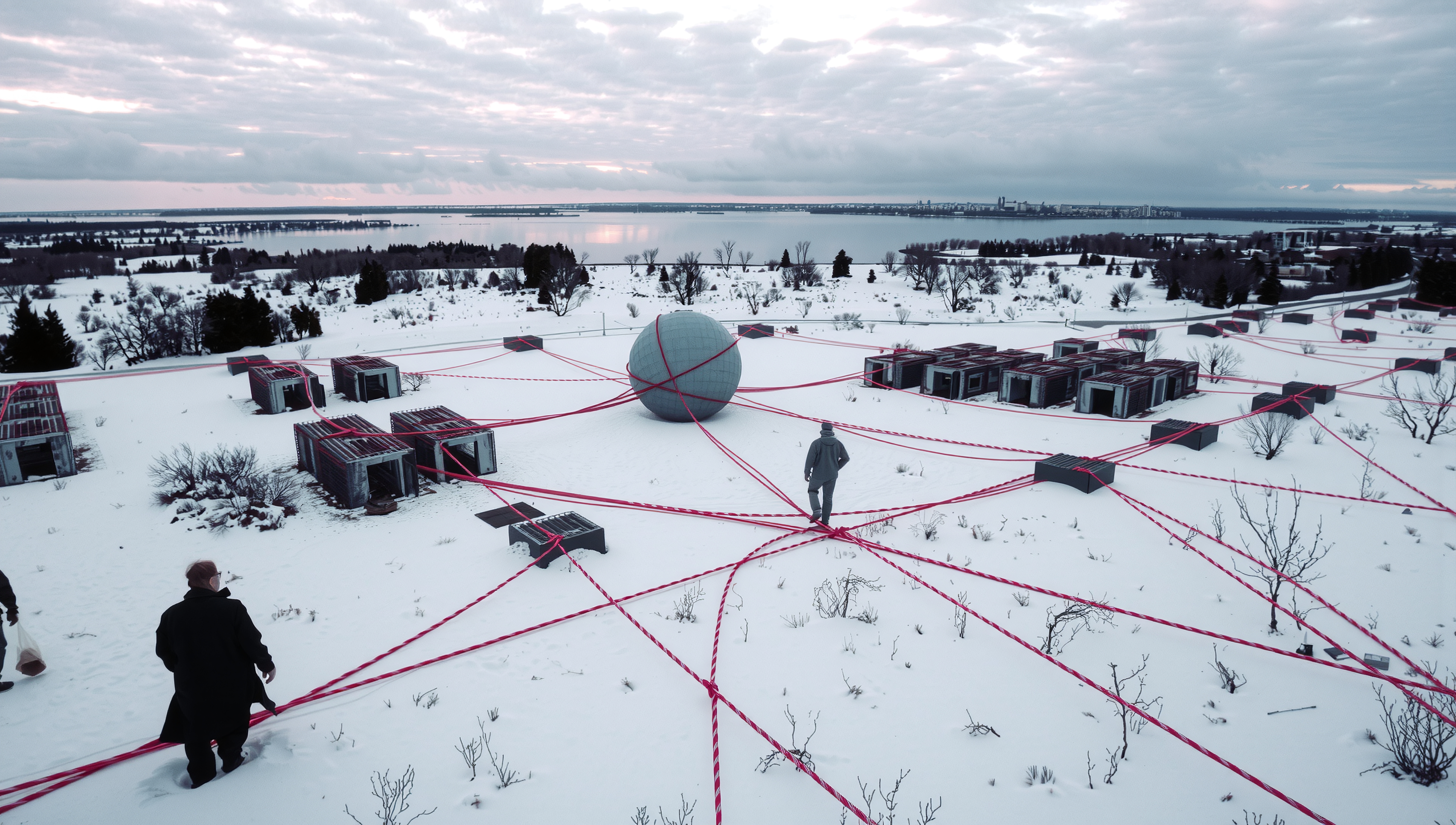 An artistic installation in a snowy landscape with a central sphere connected by red ropes to surrounding structures, under an overcast sky by a lake.