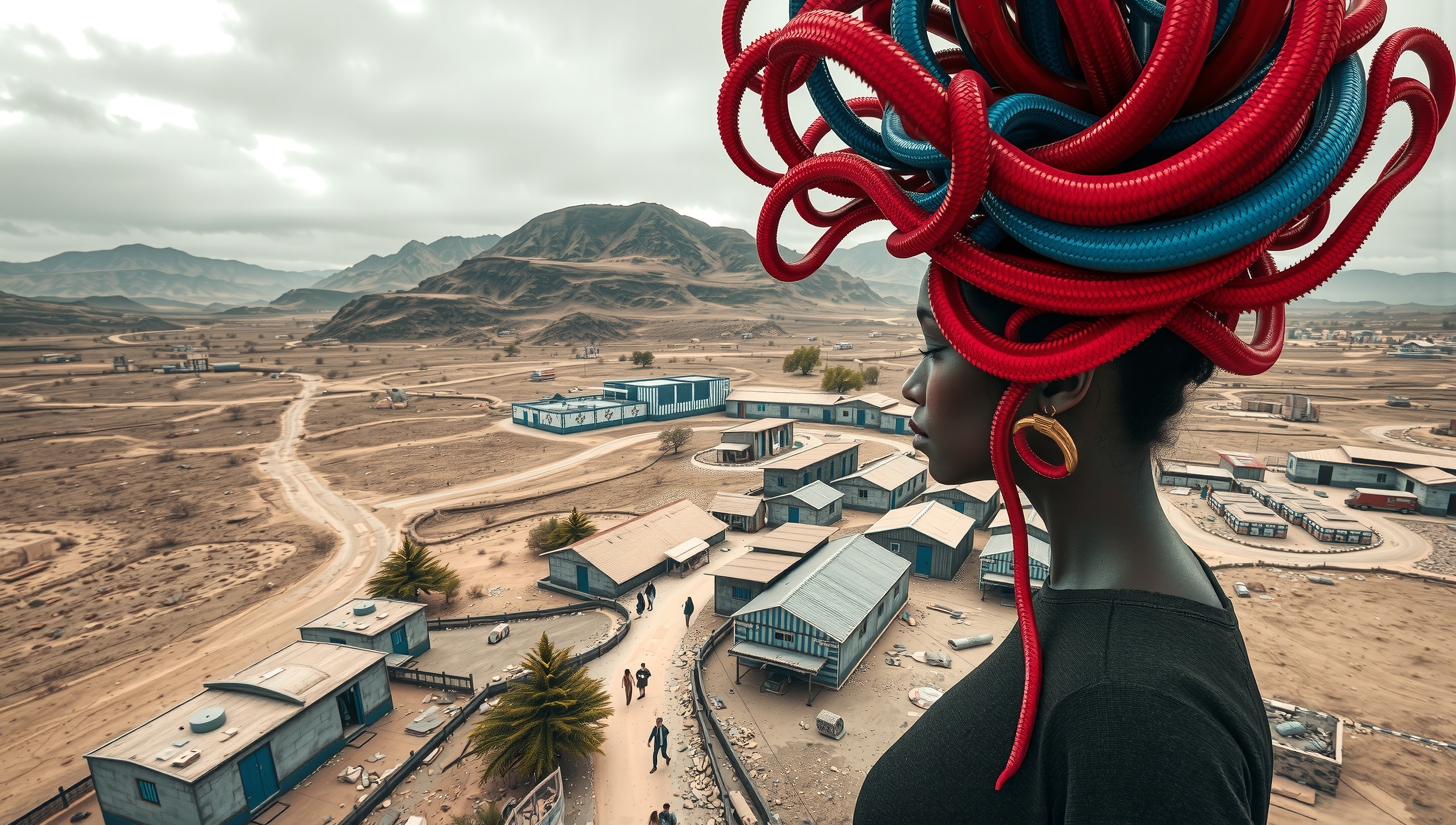 Woman with vibrant hose headpiece contrasting with desert landscape and distant mountains.