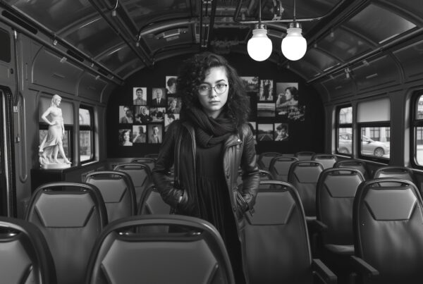 Young woman wearing glasses sitting inside an empty bus surrounded by photos on walls