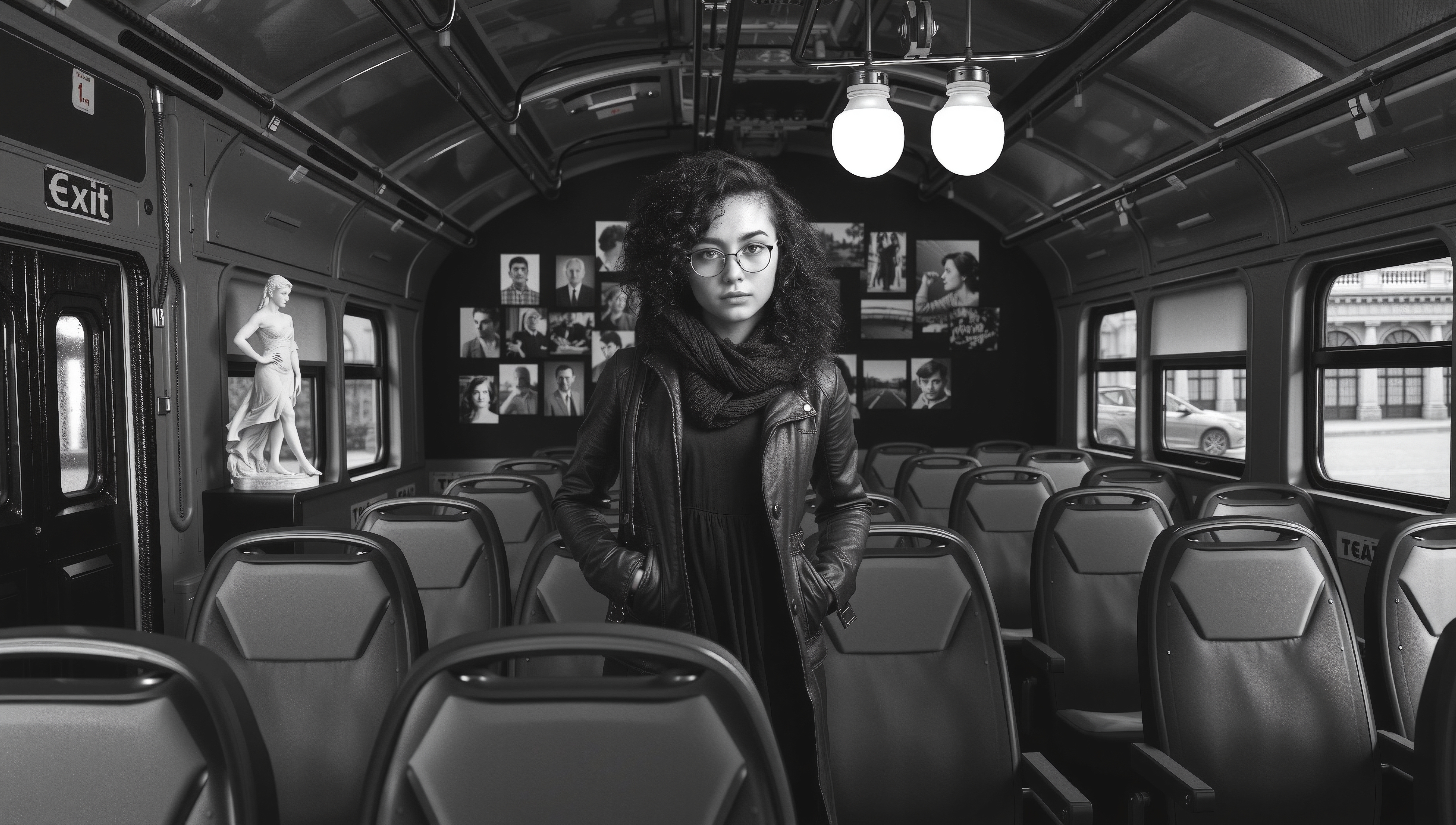 Young woman wearing glasses sitting inside an empty bus surrounded by photos on walls
