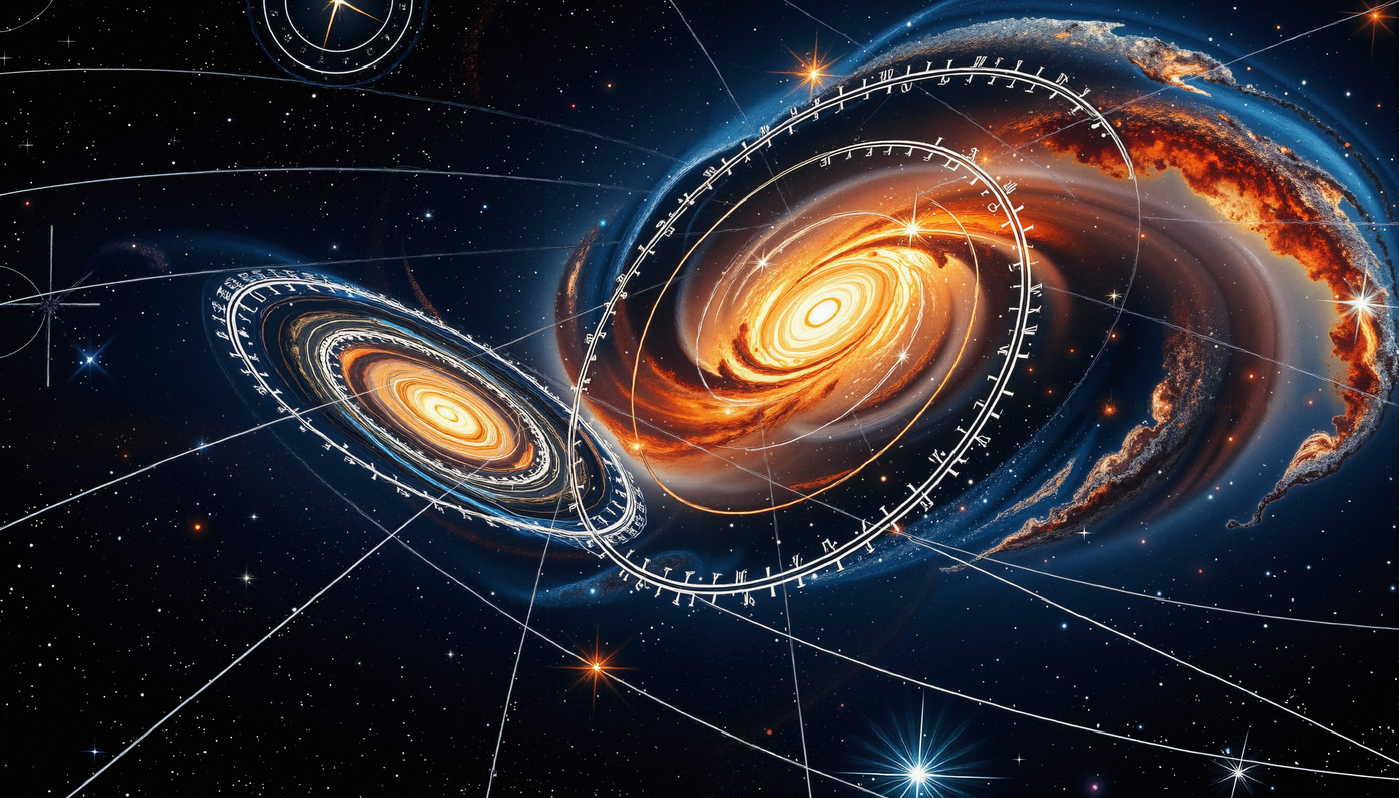 Spiral galaxies collide under starry sky