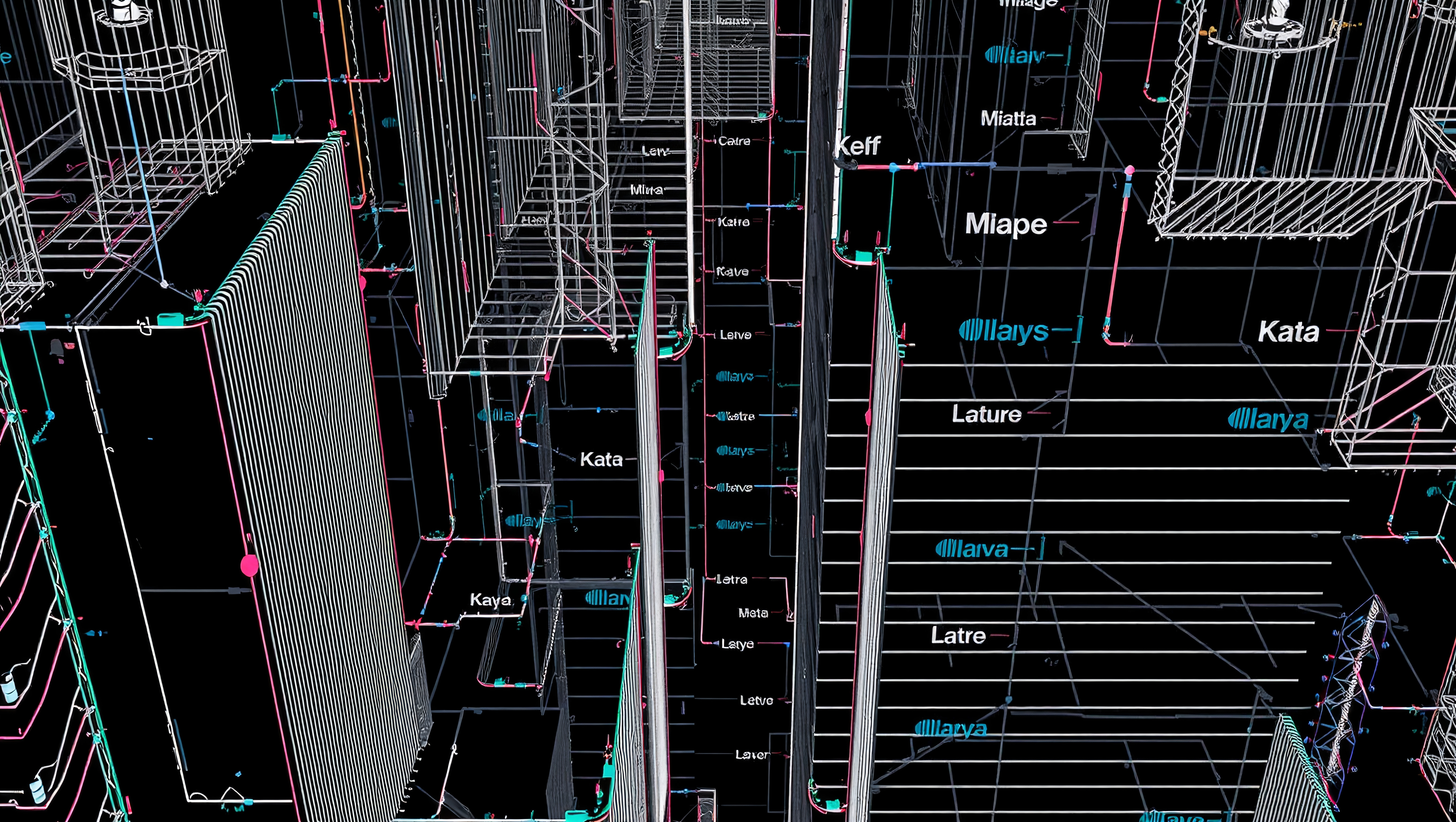 A complex architectural wireframe with vivid lines and labels.