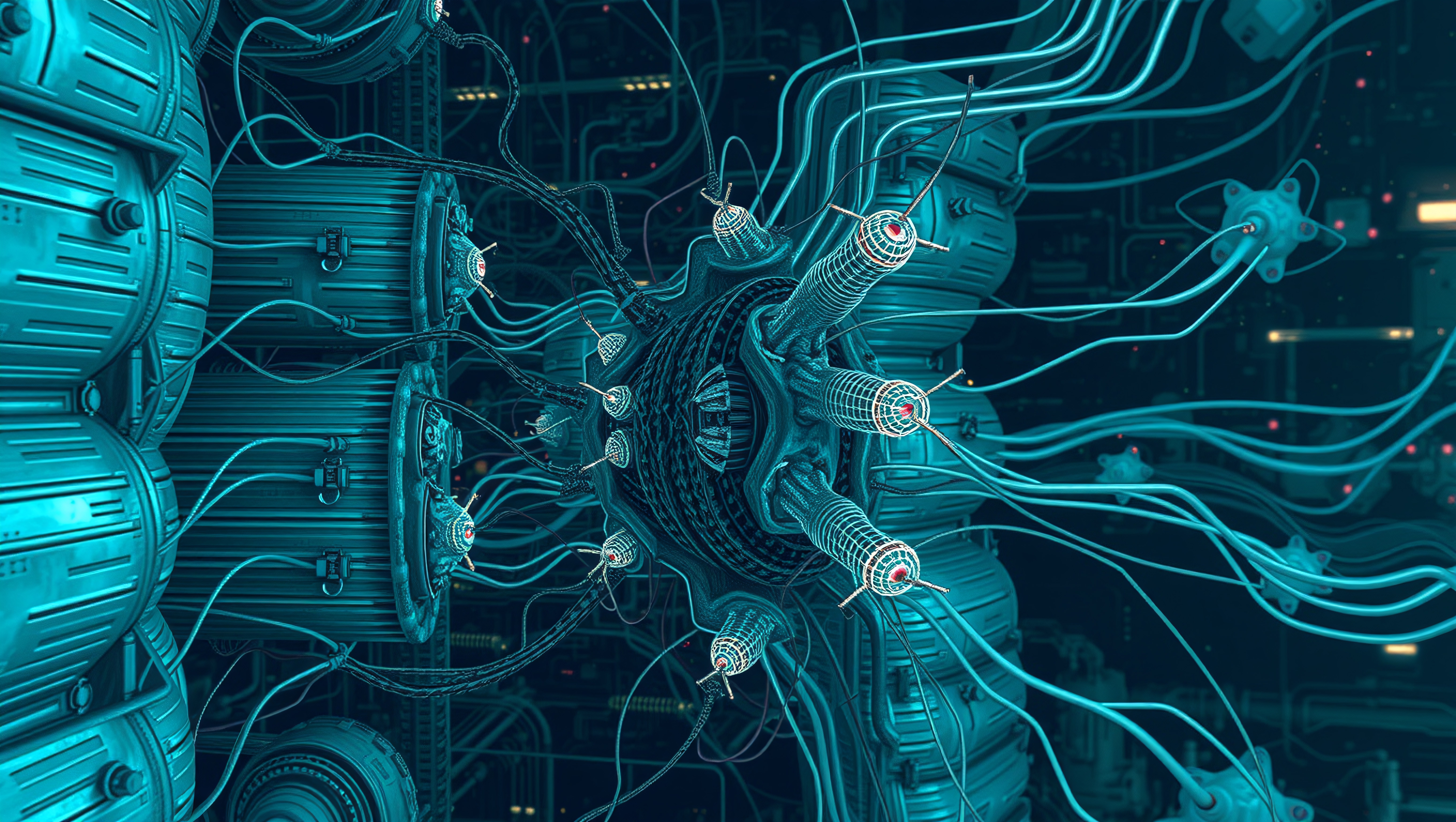 Futuristic technological network with interconnected cables.