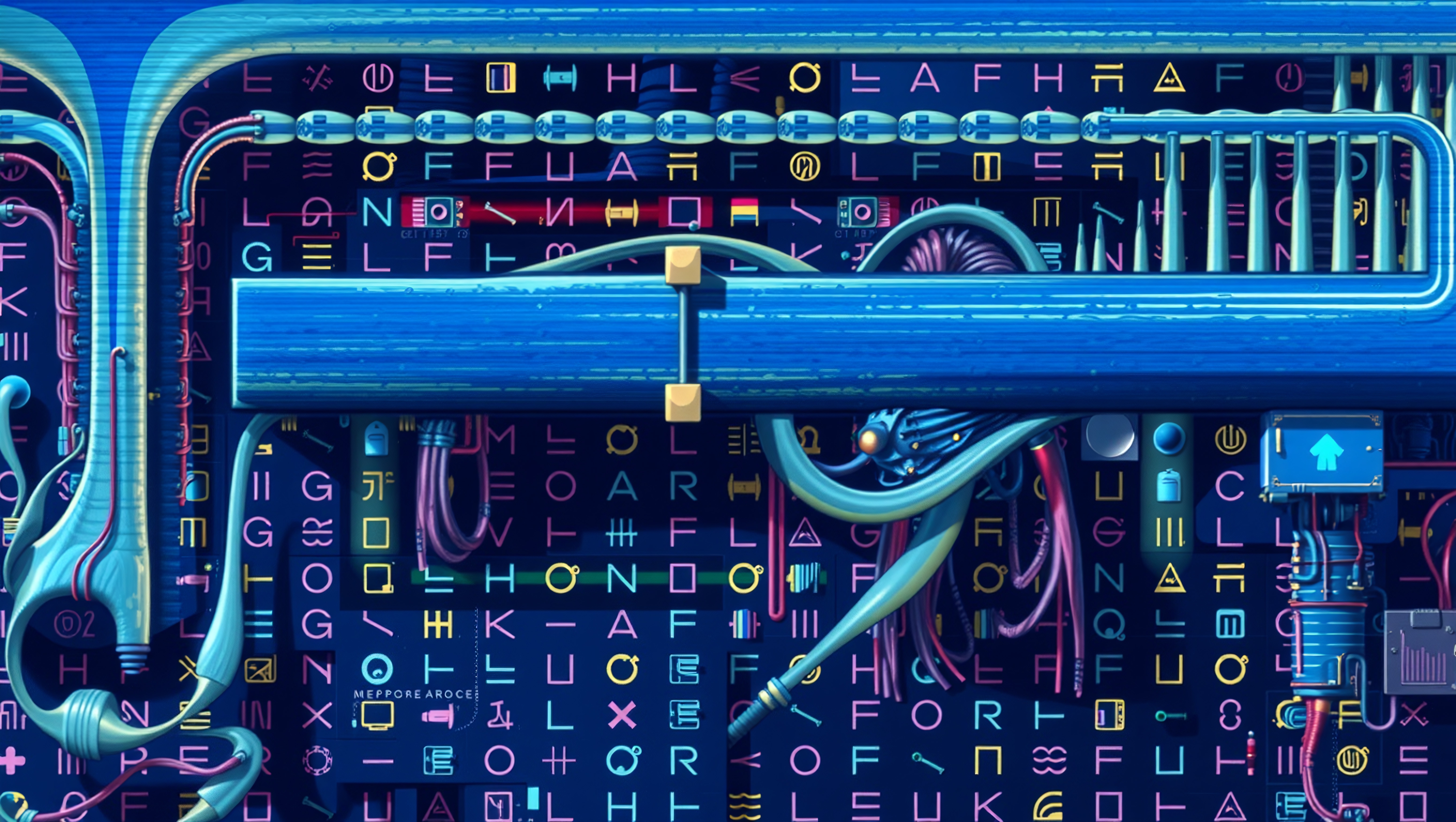 An intricate design featuring blue pipes and vibrant symbols represents futuristic technology.