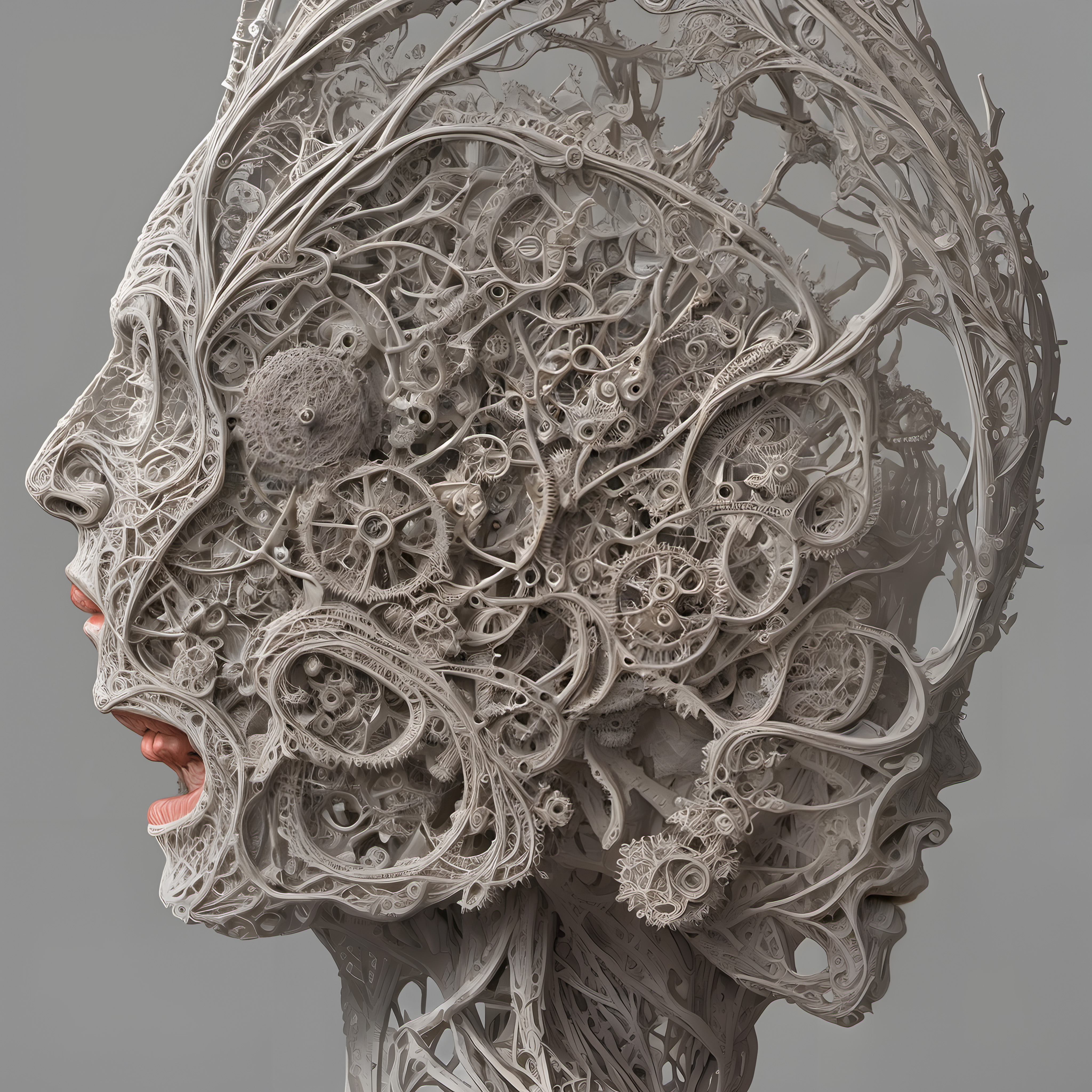 Mechanical Head Sculpture with Intricate Gears and Filigree Deta