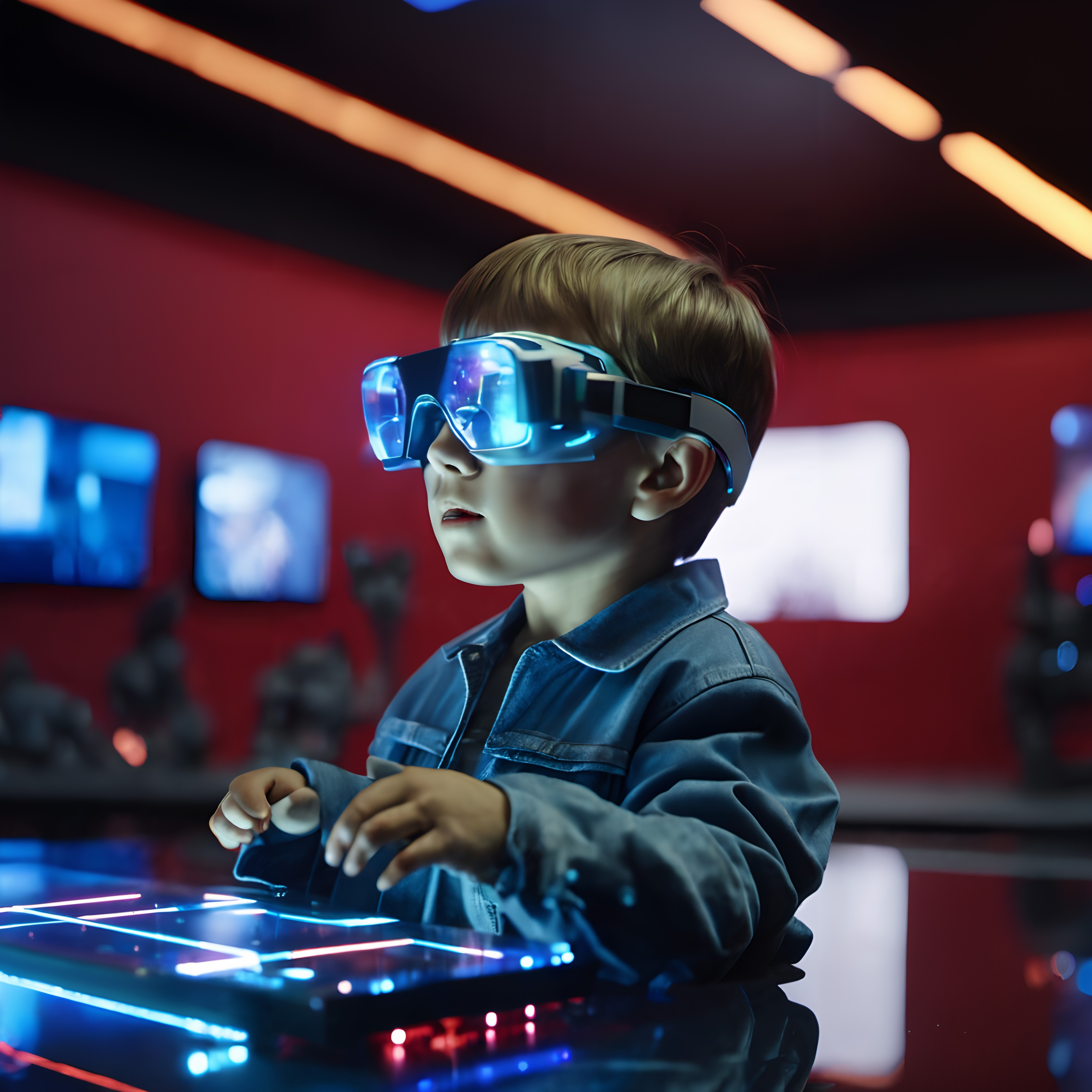 A young child explores virtual reality with futuristic technology at an interactive exhibit.