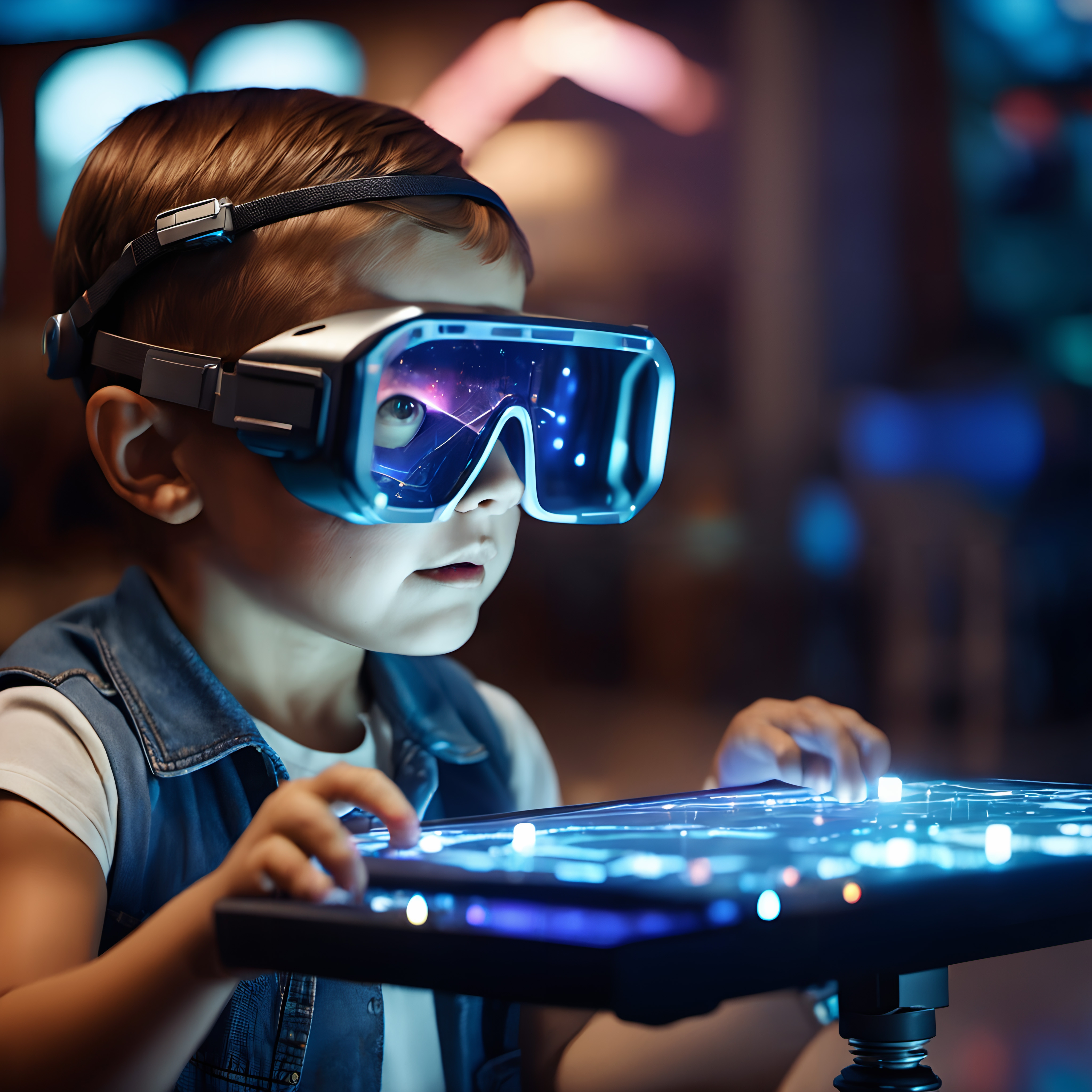 A child wearing VR goggles interacts with a glowing futuristic table in a virtual reality setting.