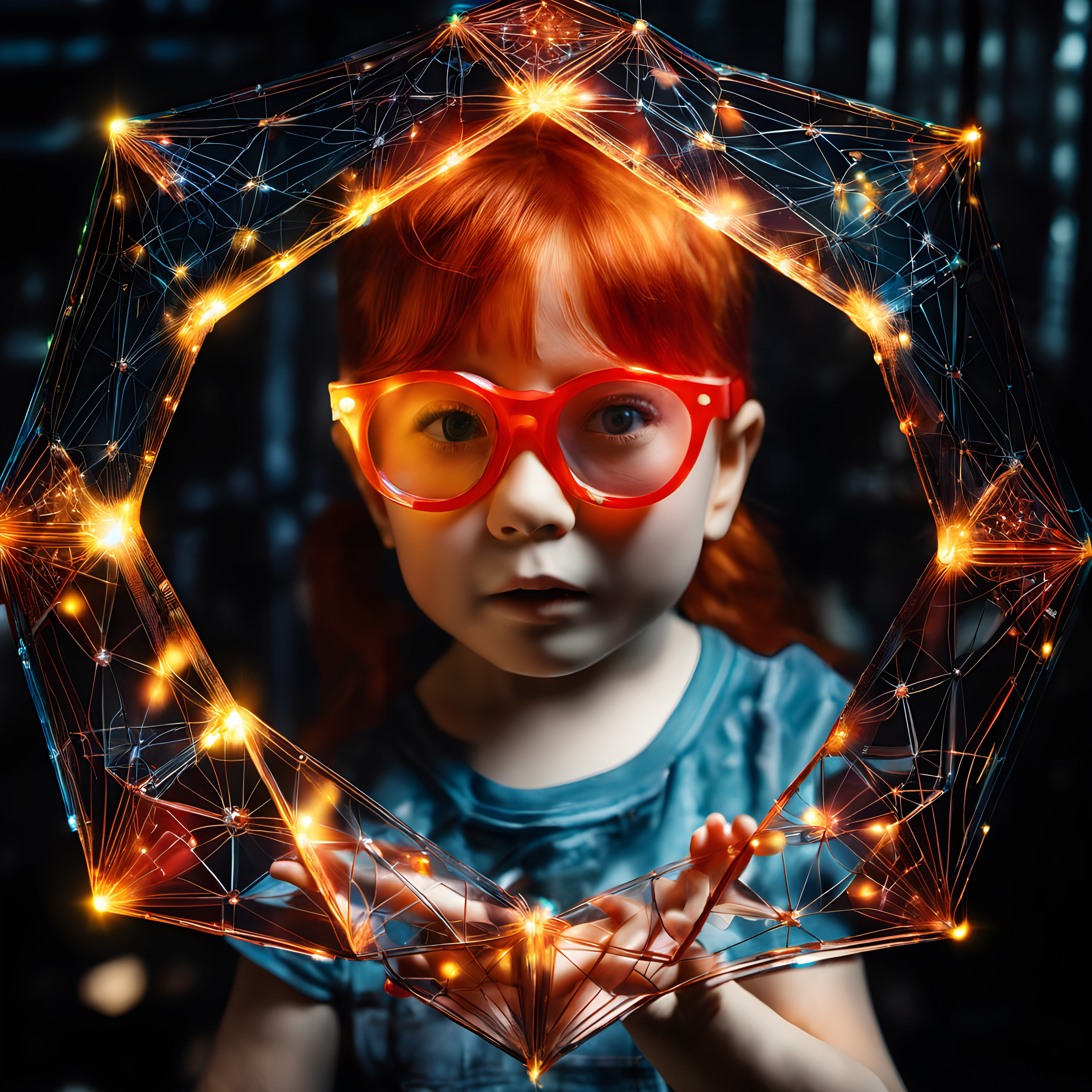 Red-haired child wearing red glasses holding glowing digital network structure in urban setting