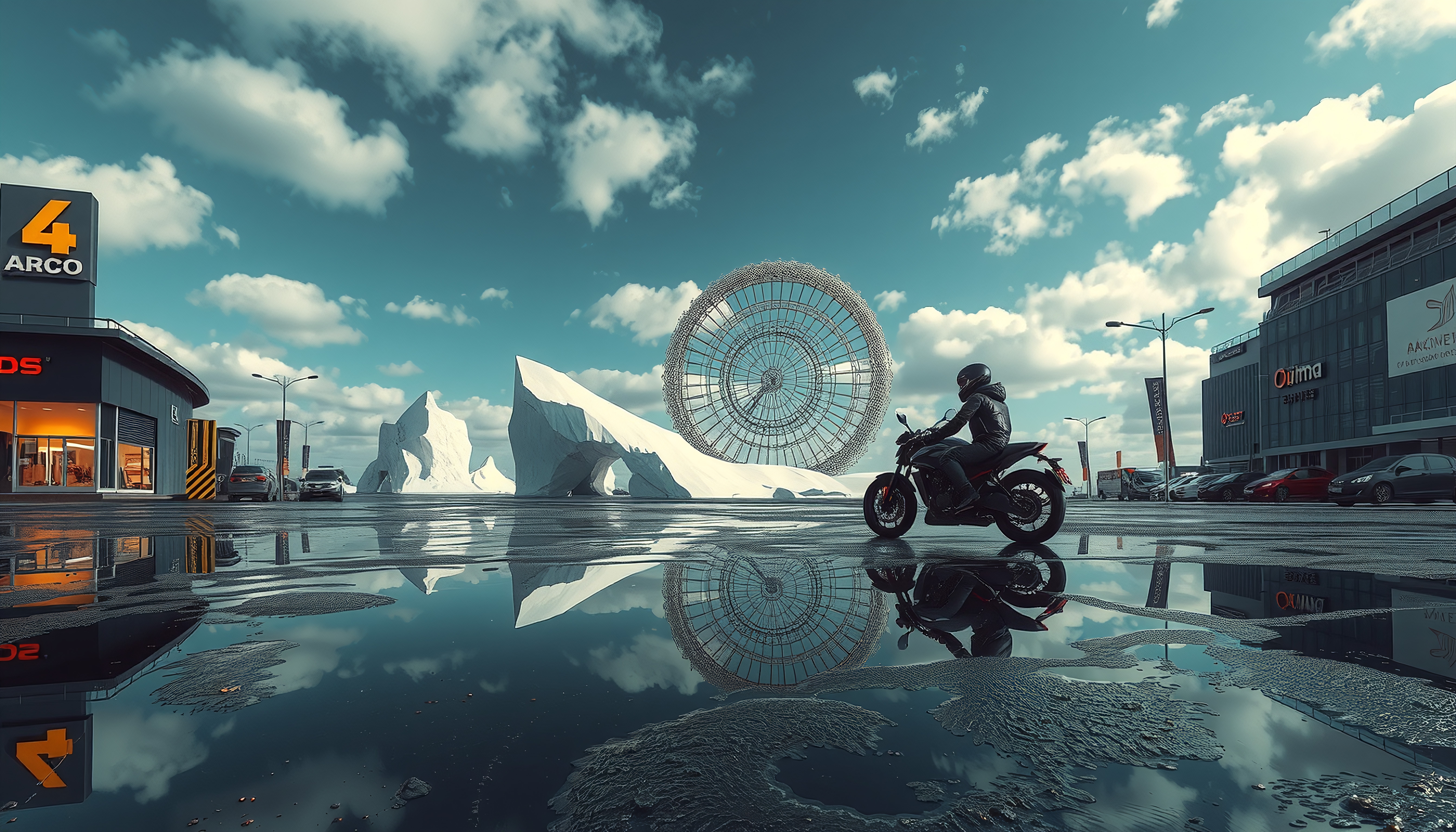 A motorcyclist rides in a futuristic reflective cityscape with surreal elements and bright snow-like structures.
