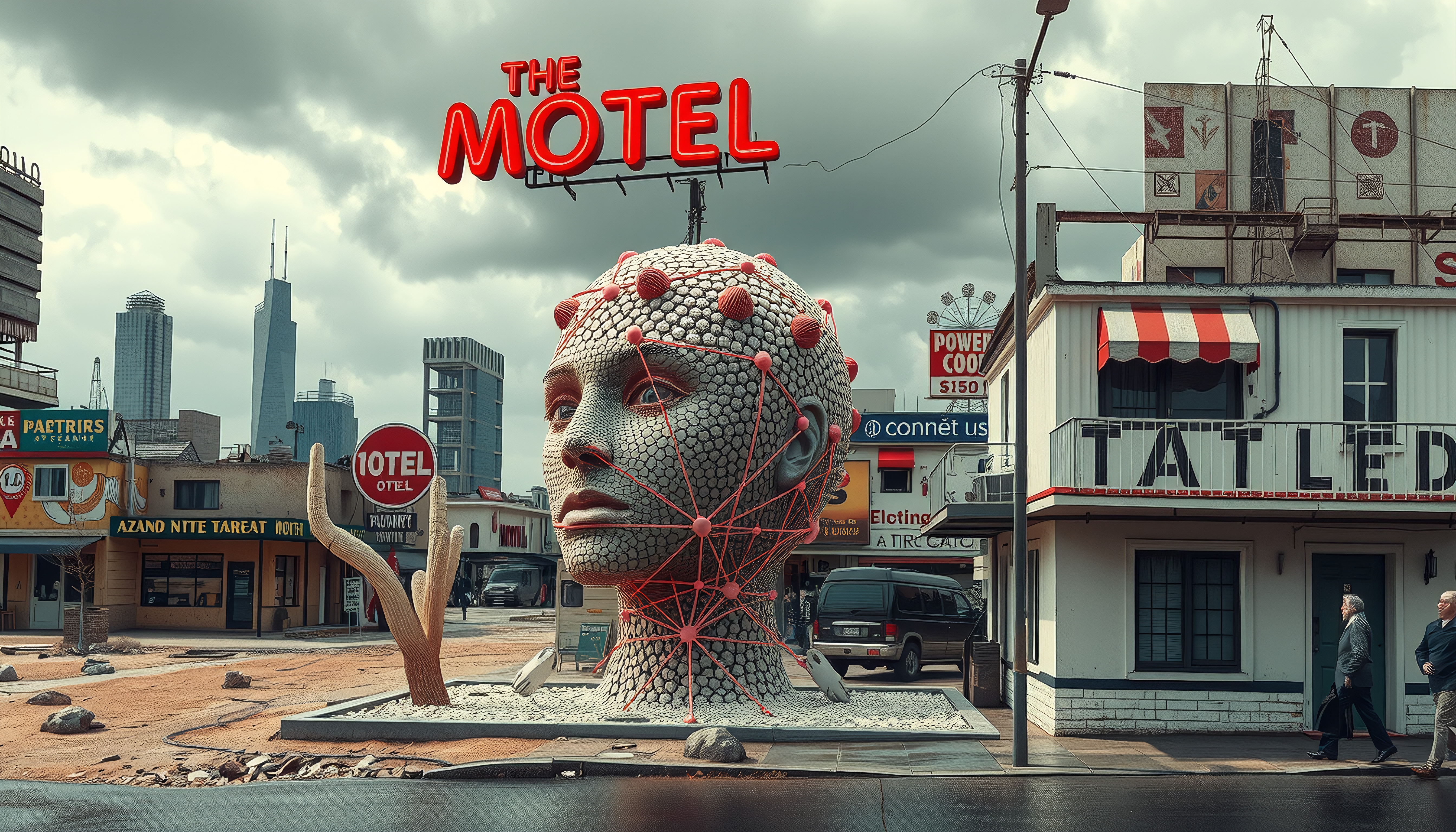 A surreal urban scene with a large mosaic head sculpture surrounded by motels and skyscrapers.