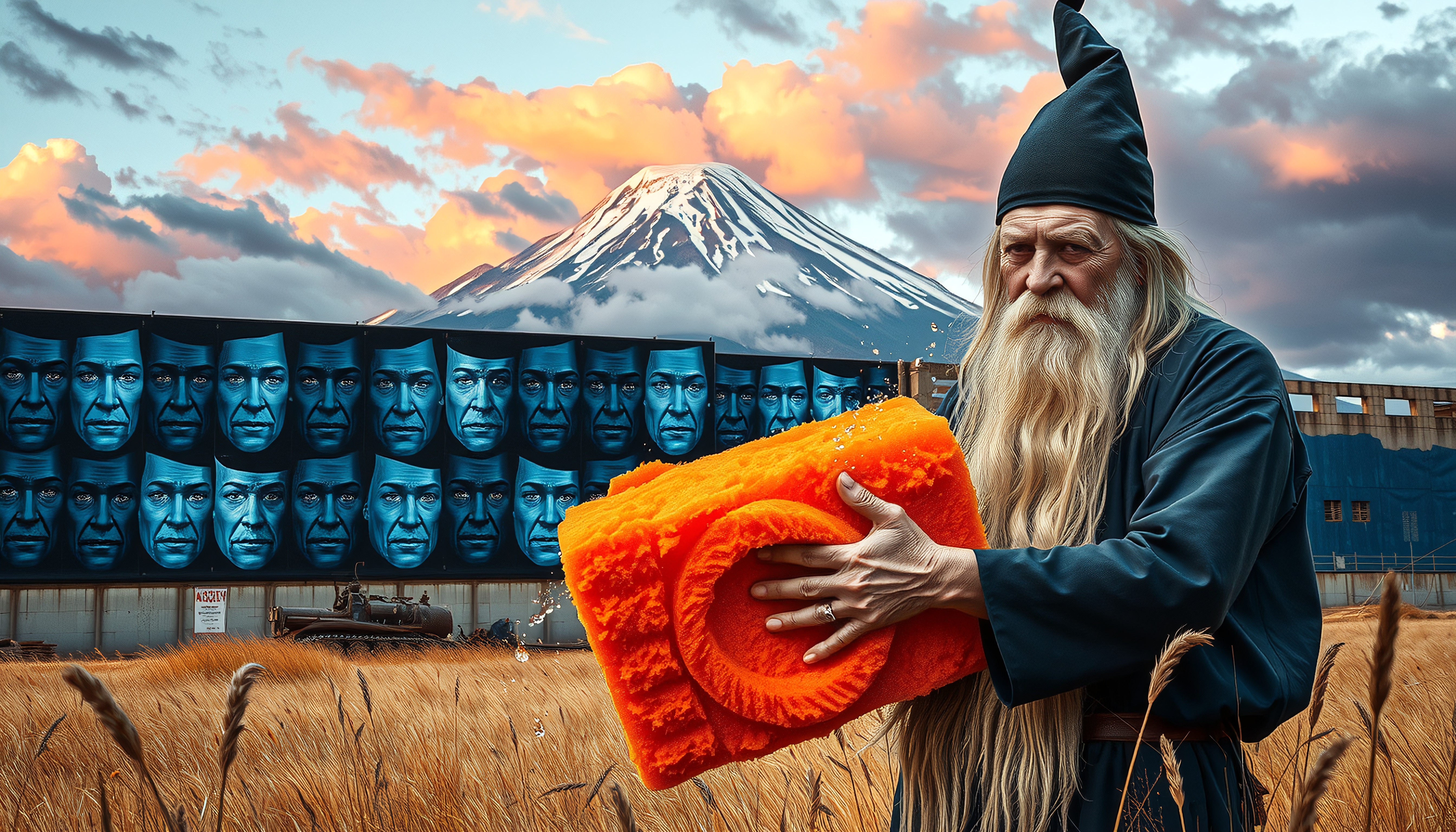 A mystical wizard holding an orange object with a scenic mountain backdrop and surreal mural.