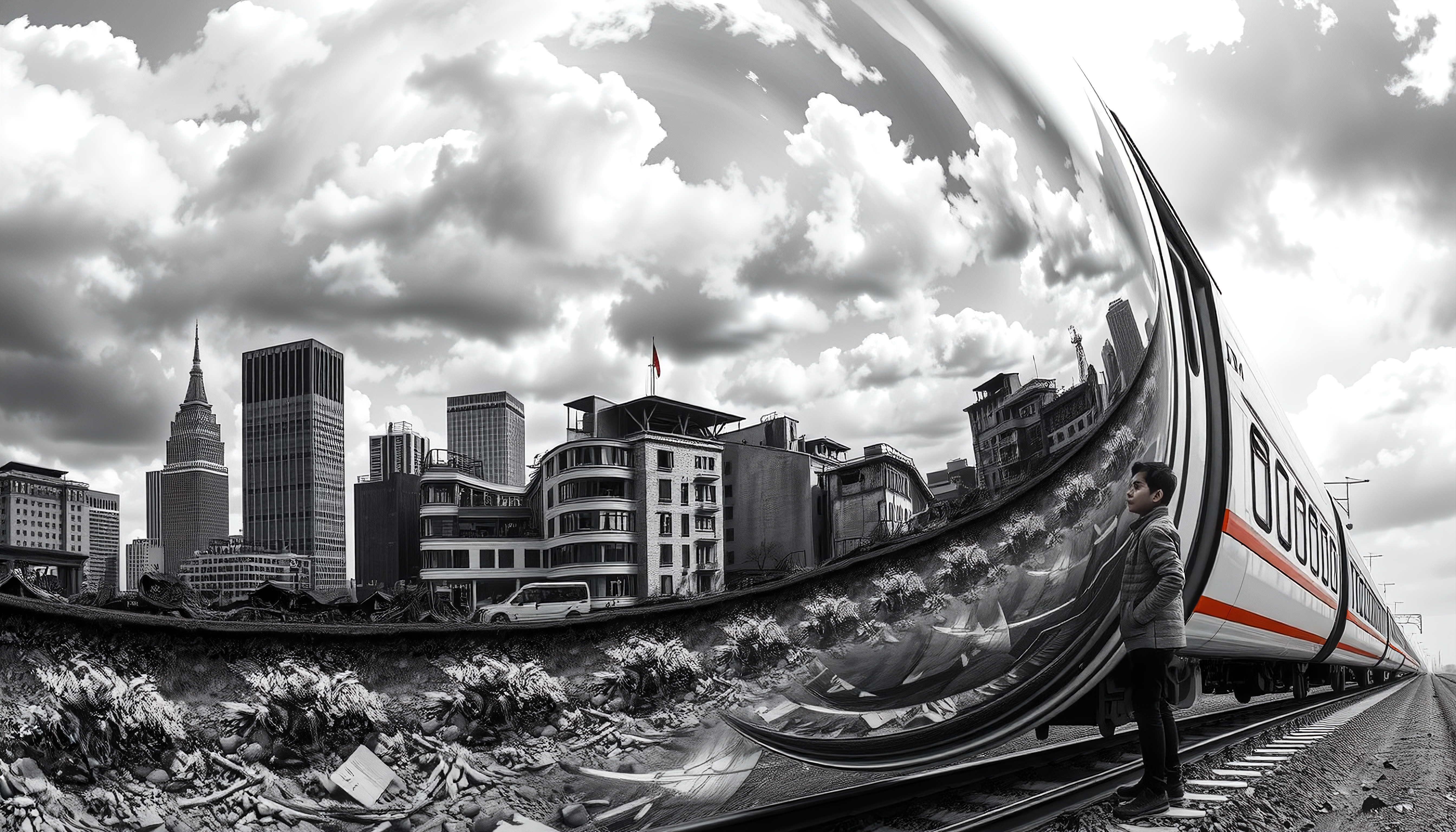 Surreal image of a boy standing near a reflective train, blending into a cityscape.