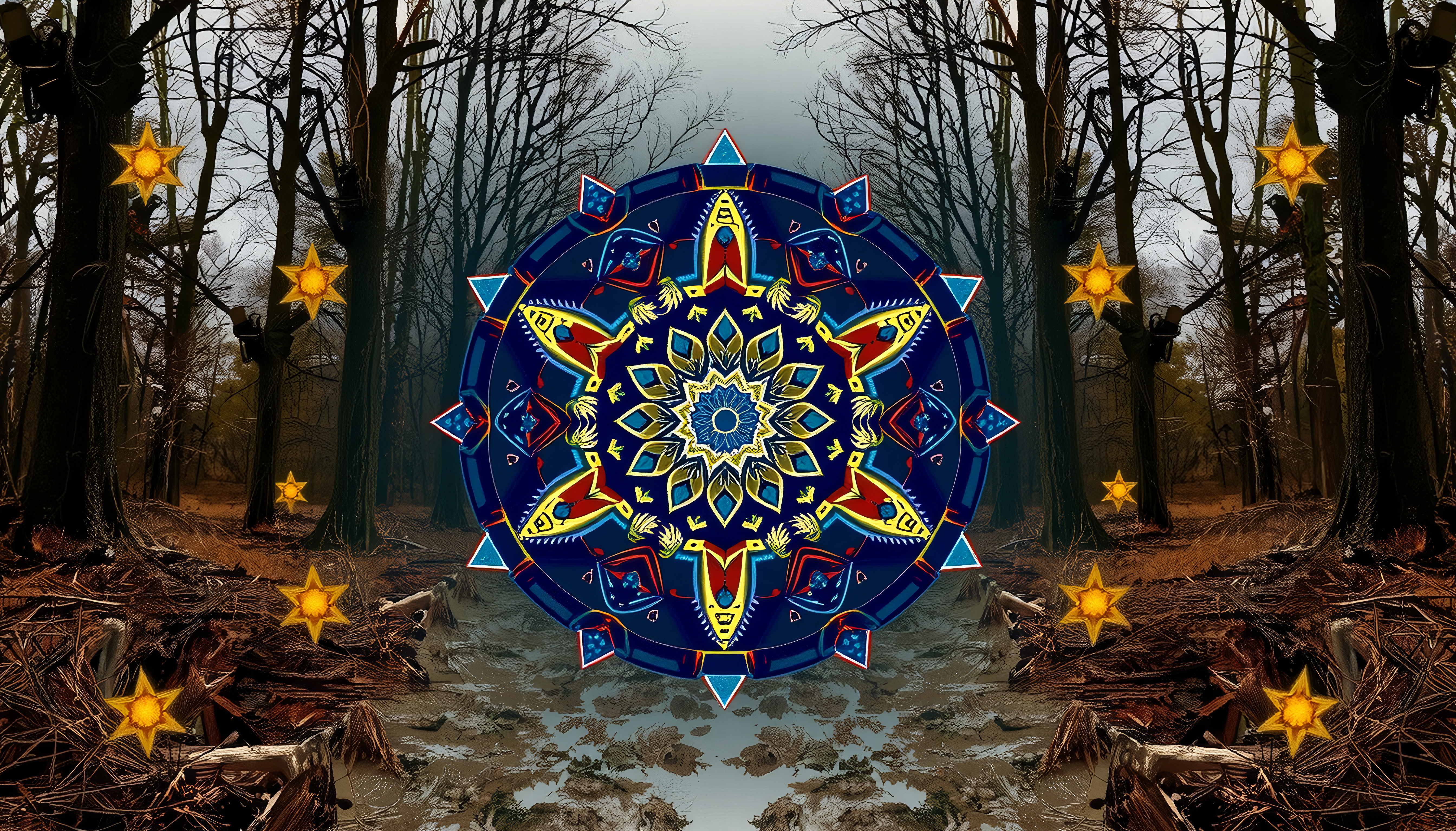 Mystical mandala in dark forest with floating stars