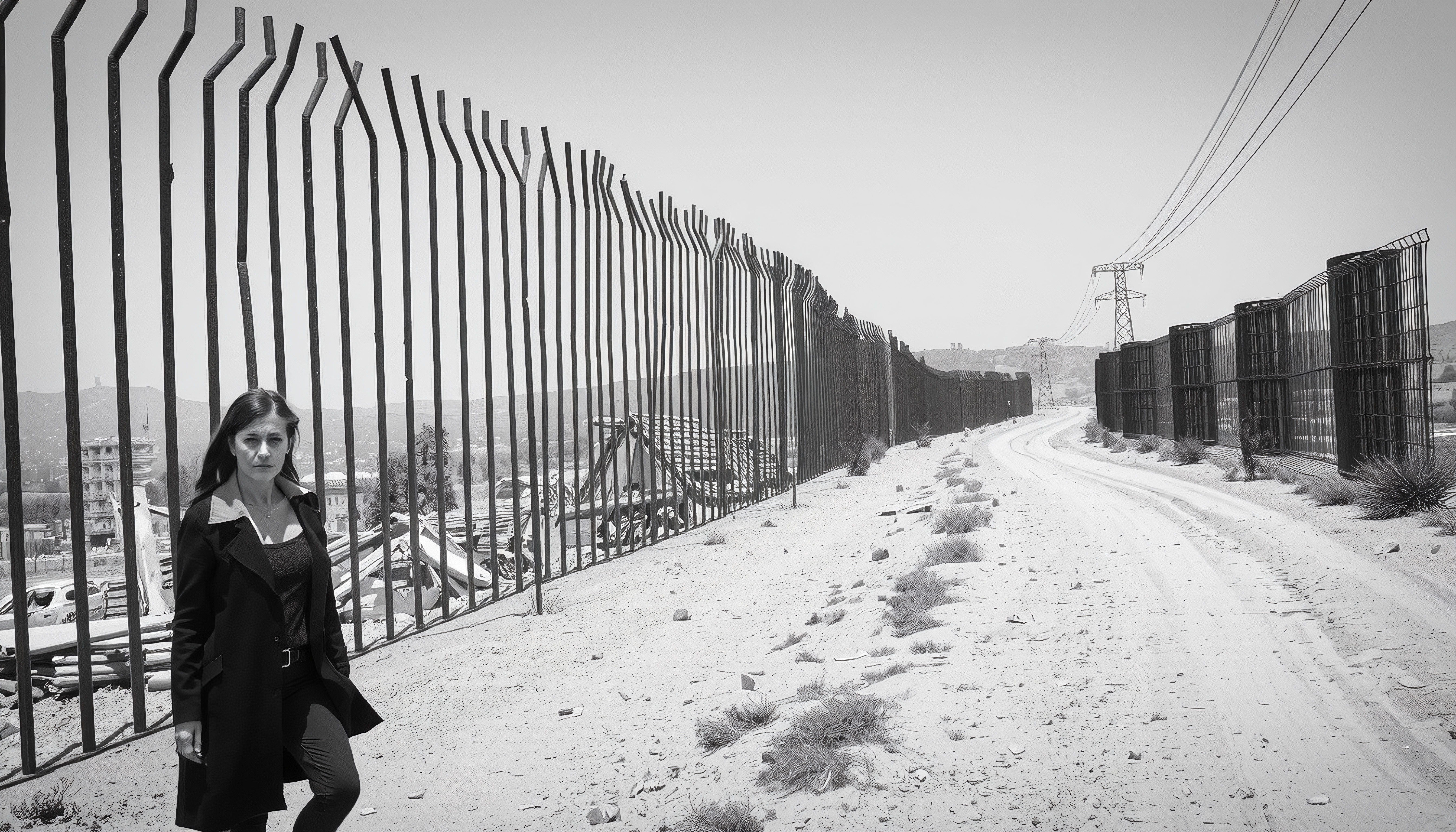 A woman stands by a long, twisting metal border fence in a bright desert landscape.