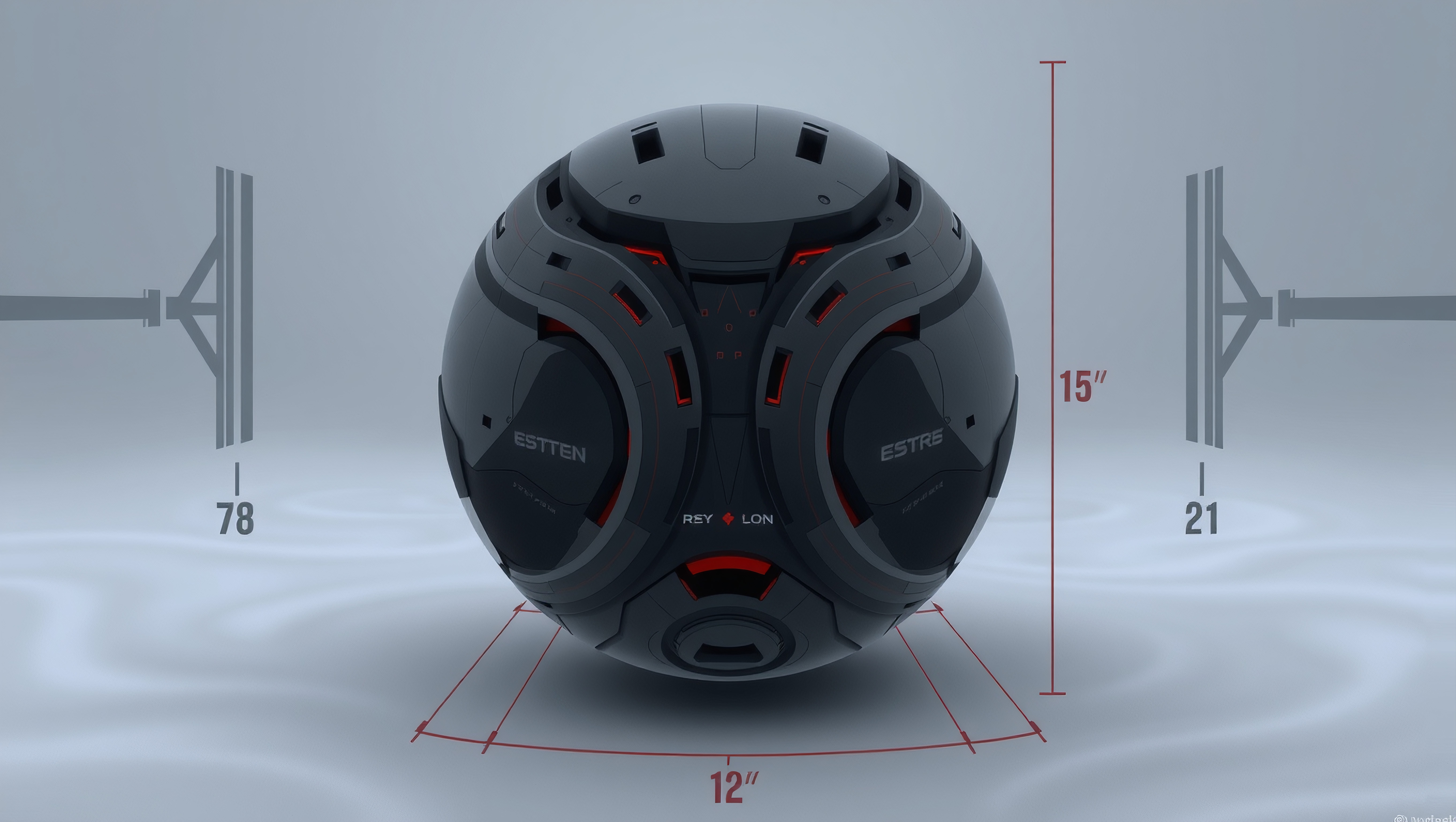 A sleek, futuristic spherical object exhibits red accents and transparent dimensions, flanked by abstract designs, in a high-tech environment.