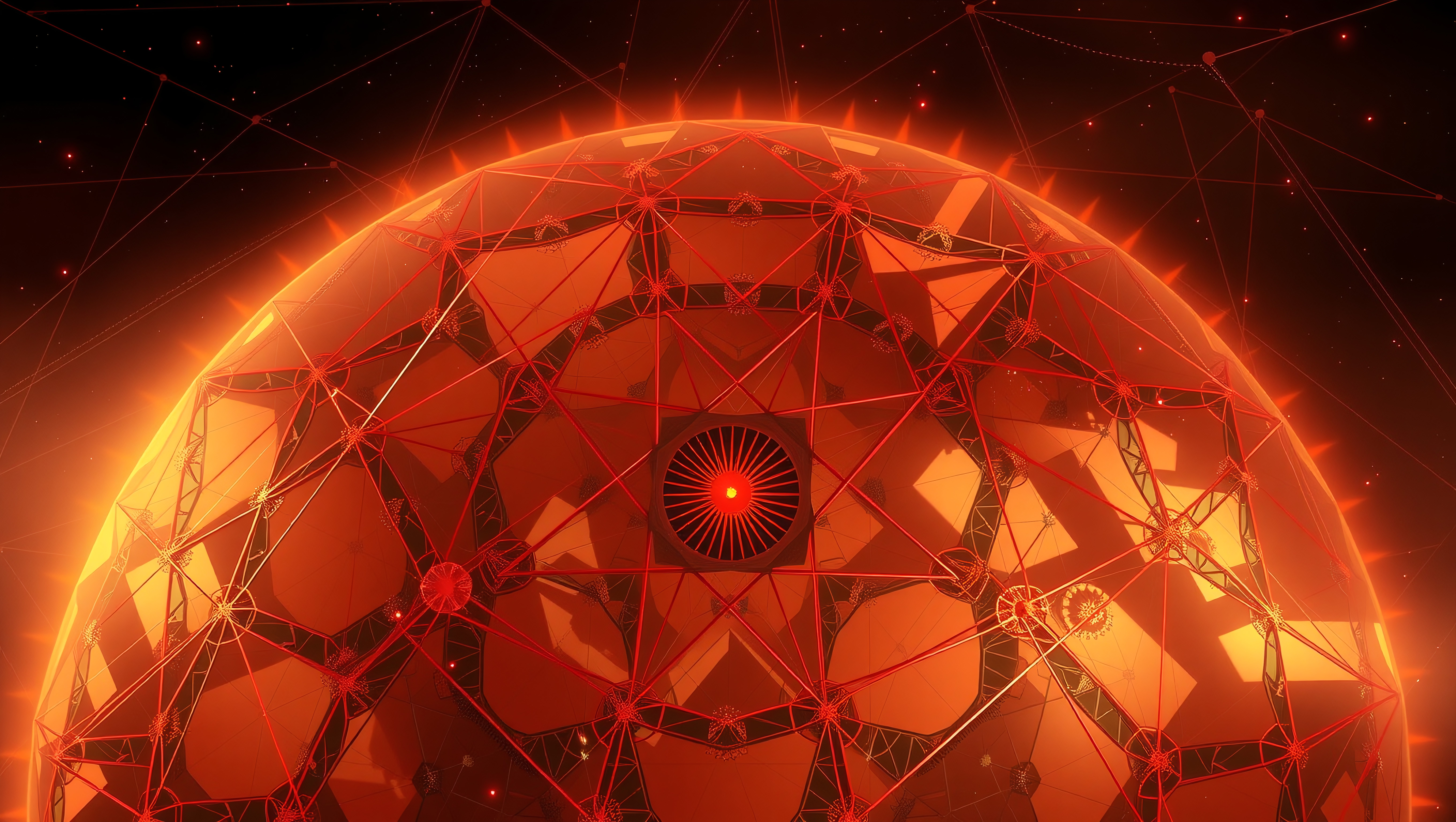 Futuristic geometric structure with glowing red lights and cosmic background.