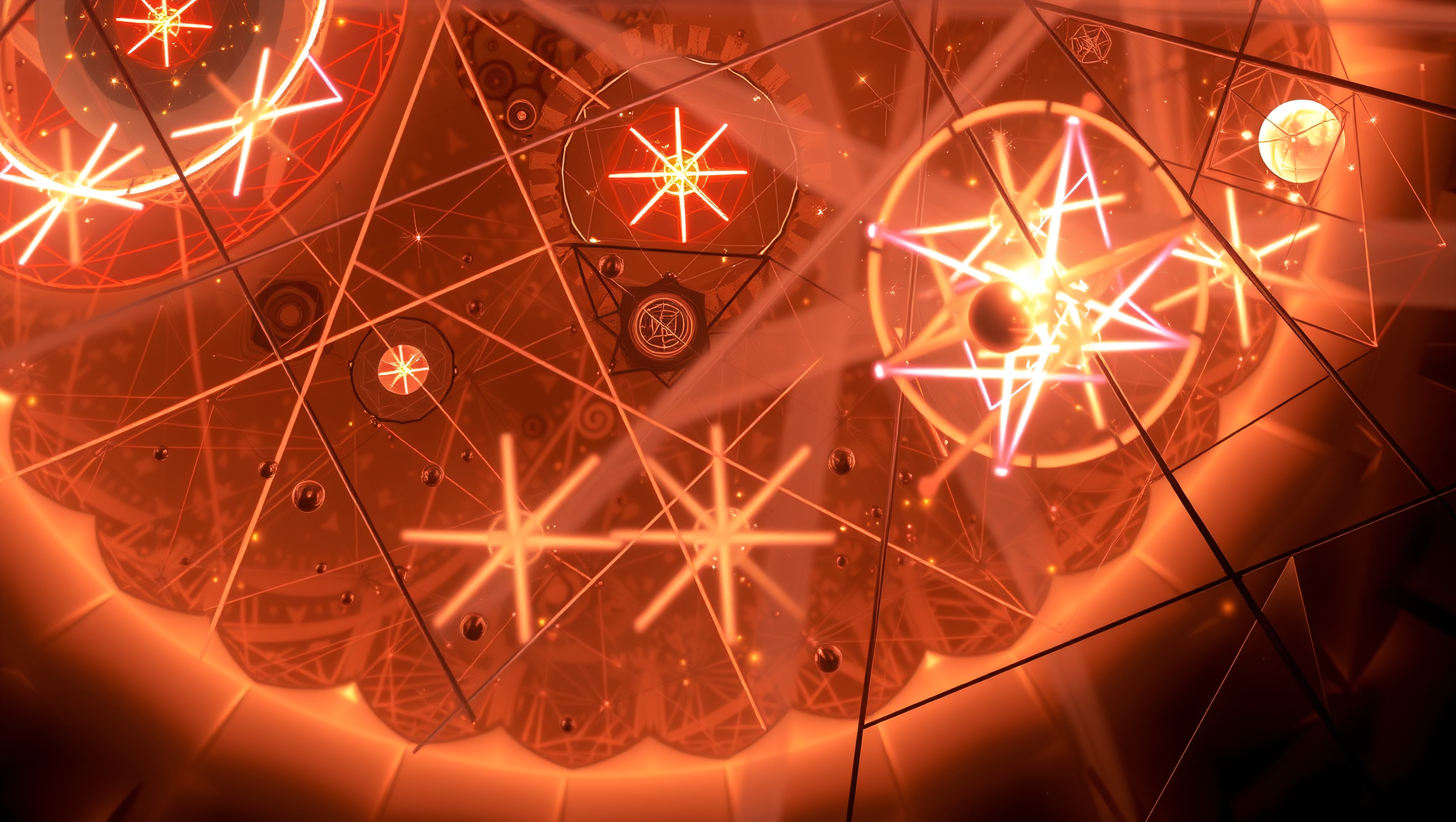 Abstract geometric patterns with glowing star designs in red and orange hues.