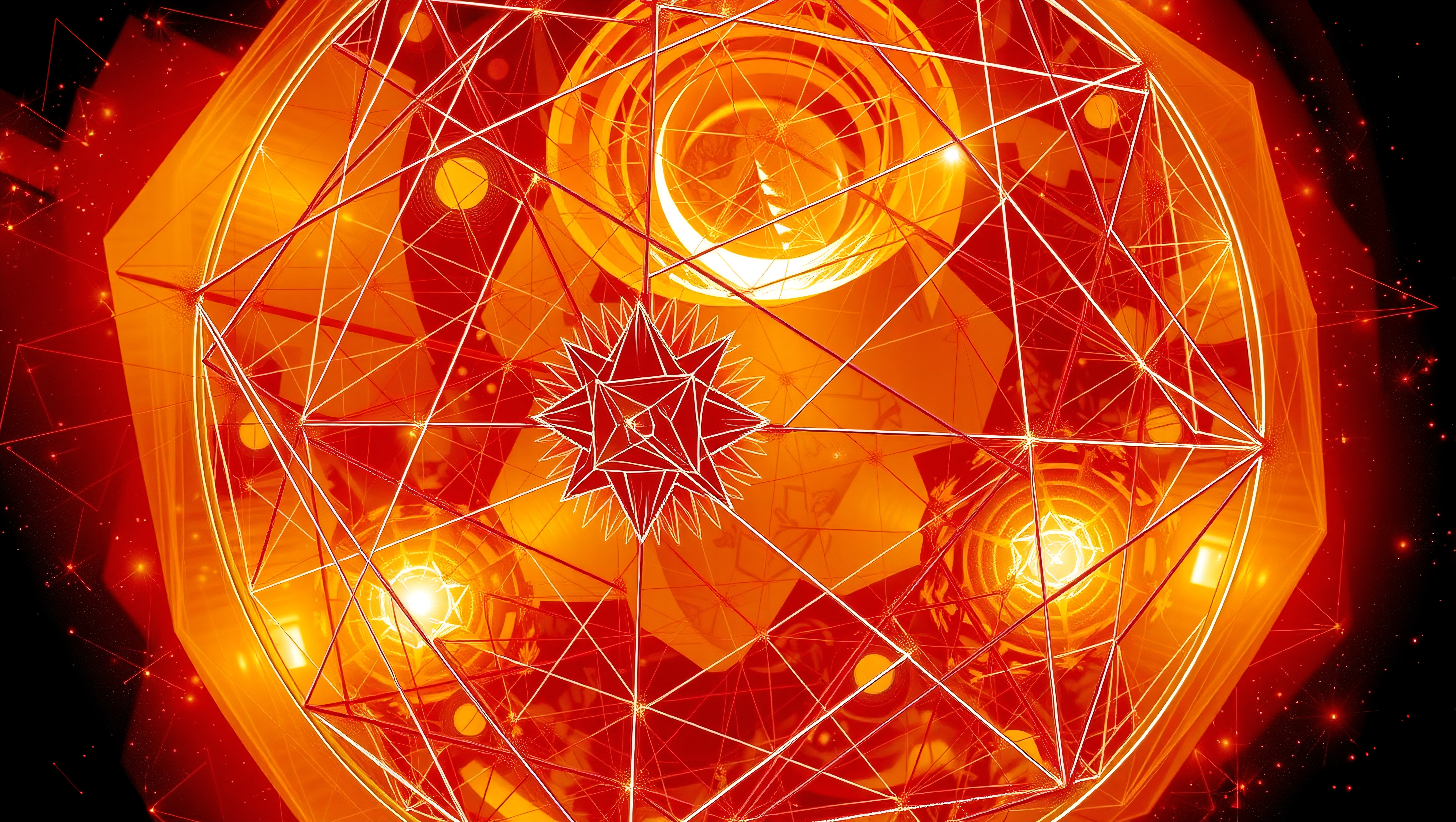 Abstract geometric design with interconnected lines and star-like shapes in vibrant orange and red hues, evoking a cosmic and mystical ambiance.