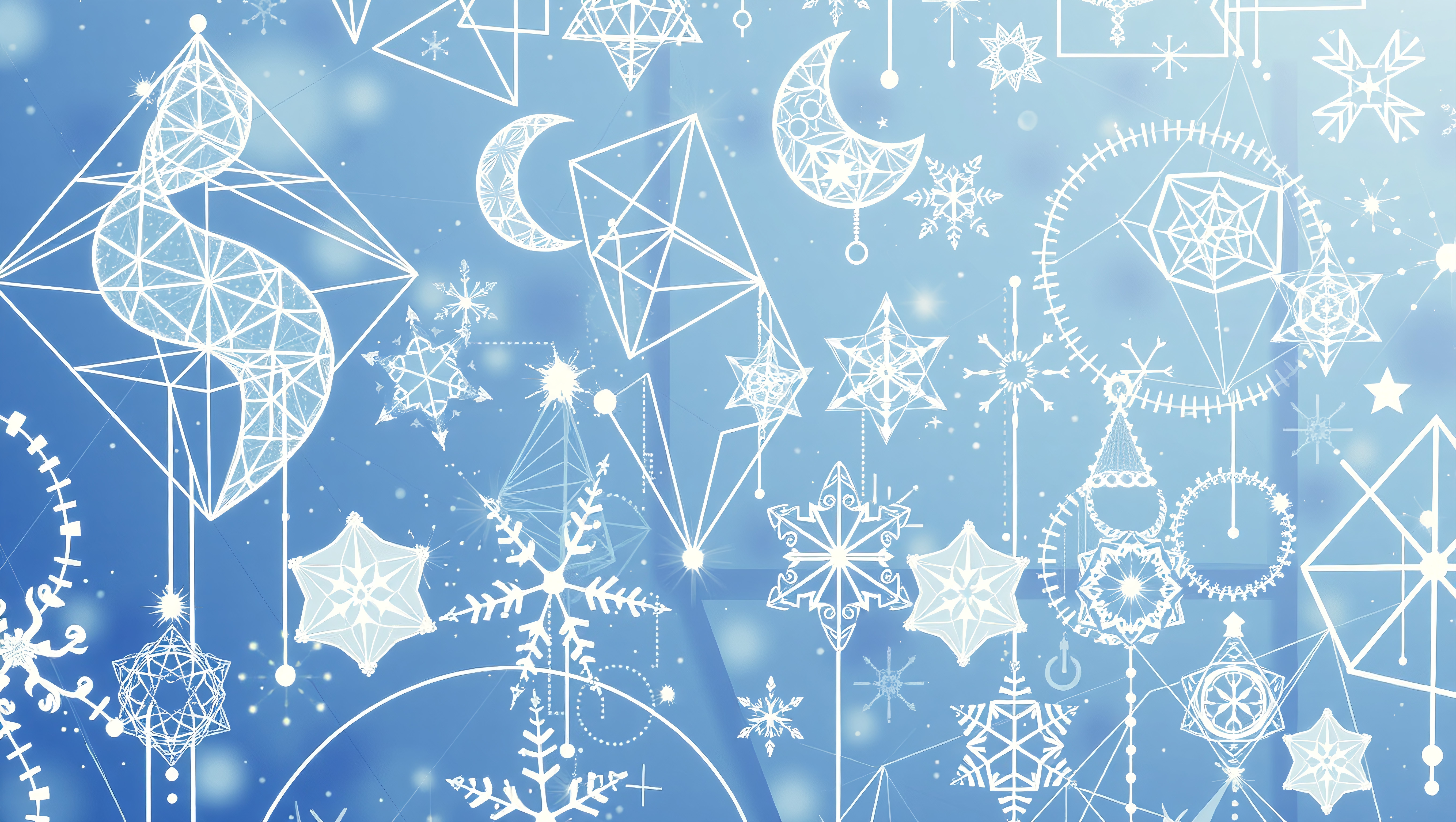 Intricate white geometric patterns and snowflakes on a blue background.