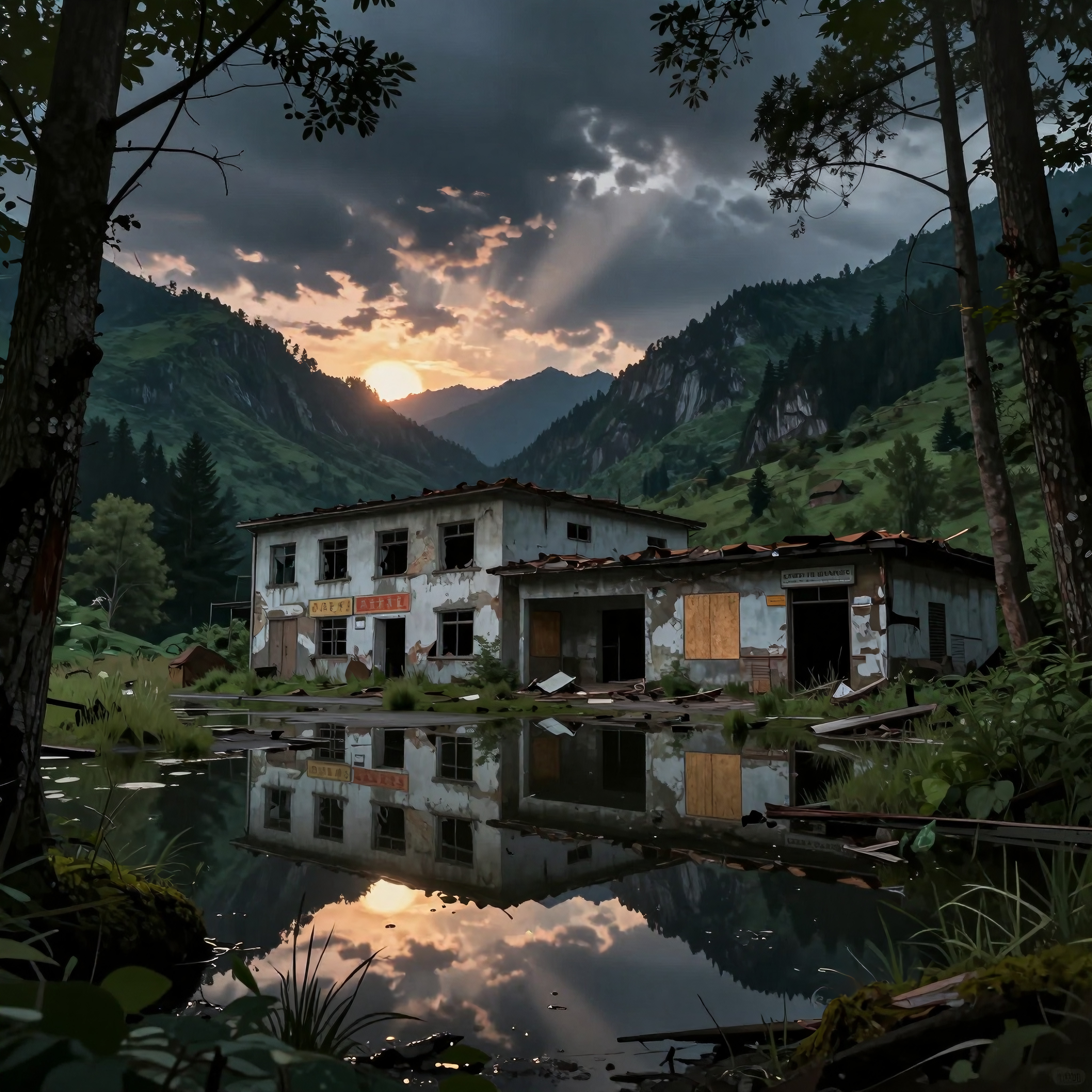 Abandoned building at sunset reflected in a tranquil mountain pond, with dramatic clouds and surrounding greenery.