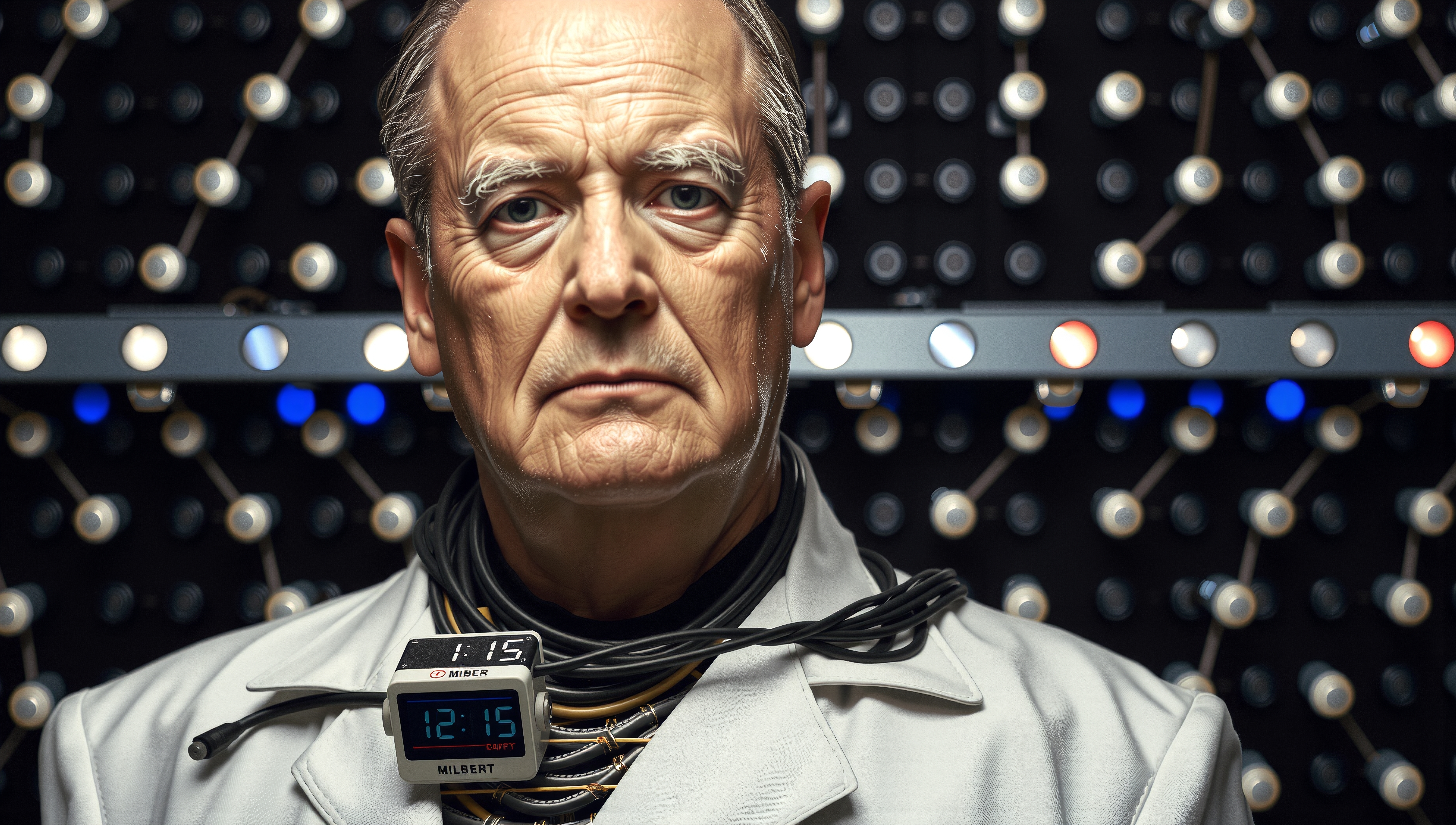 An elderly scientist with digital clock.