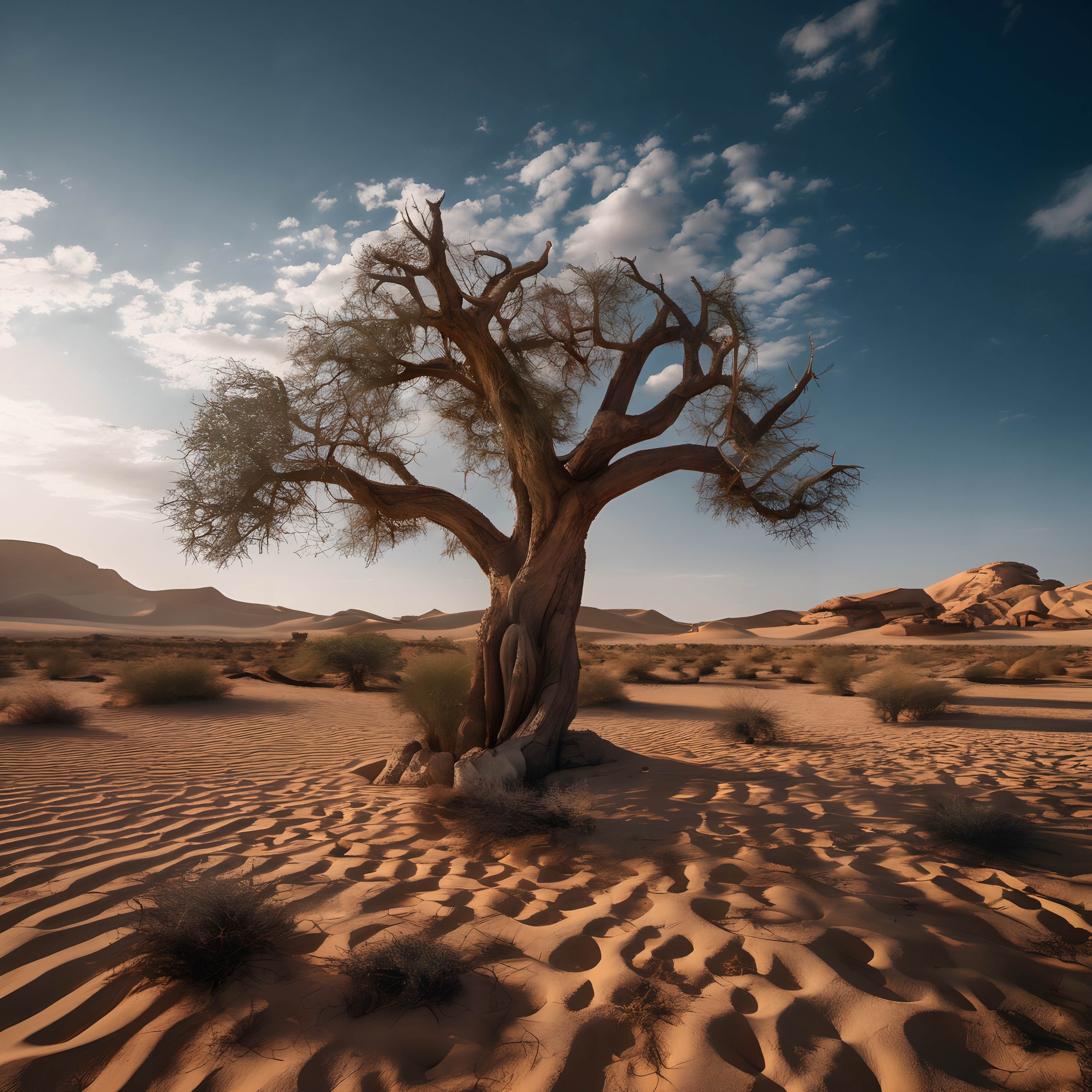 A solitary tree in a vast desert landscape with dunes and clear sky.