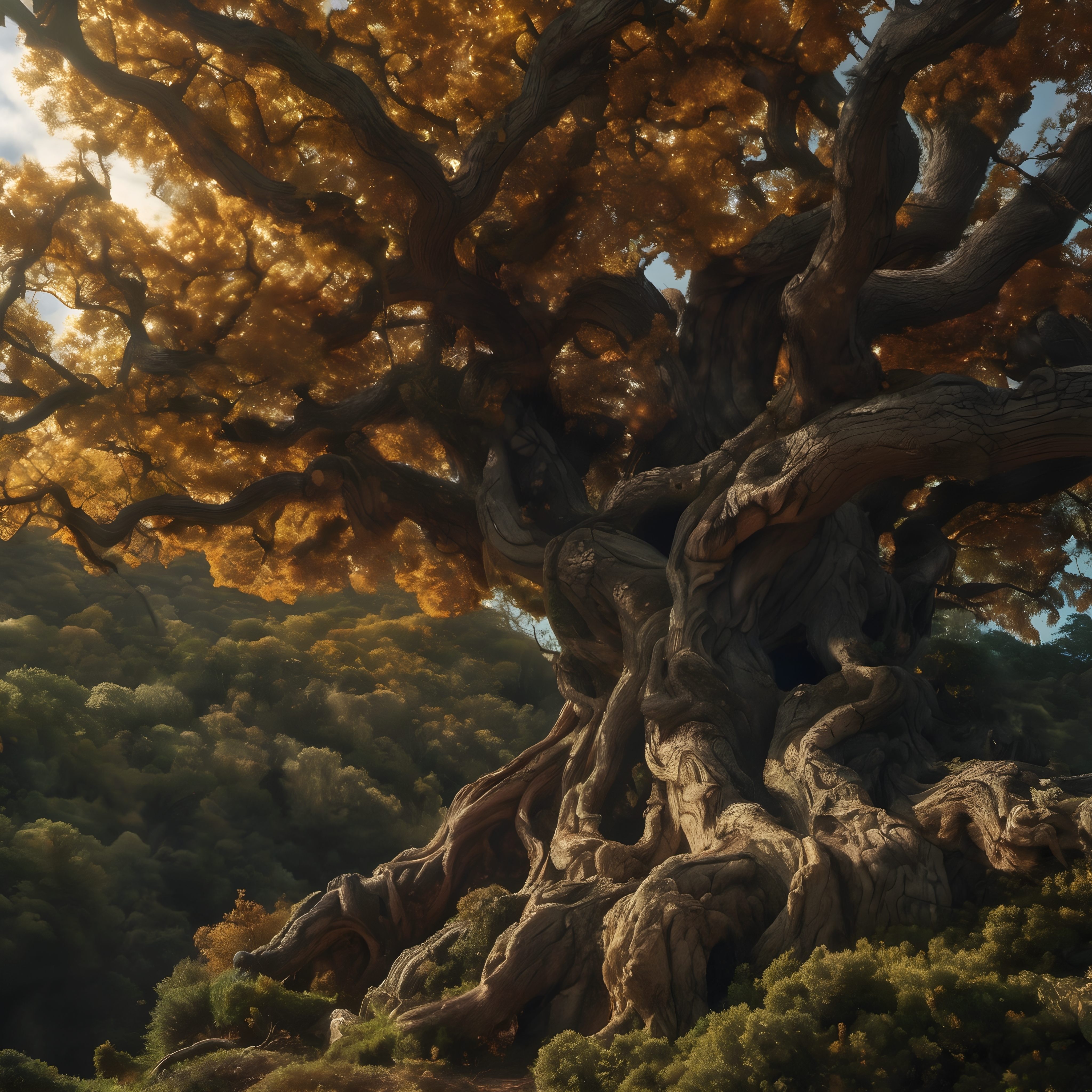 Photorealistic ancient tree with gnarled trunk, sunlight beaming through autumn leaves, in a lush, enchanted forest setting.