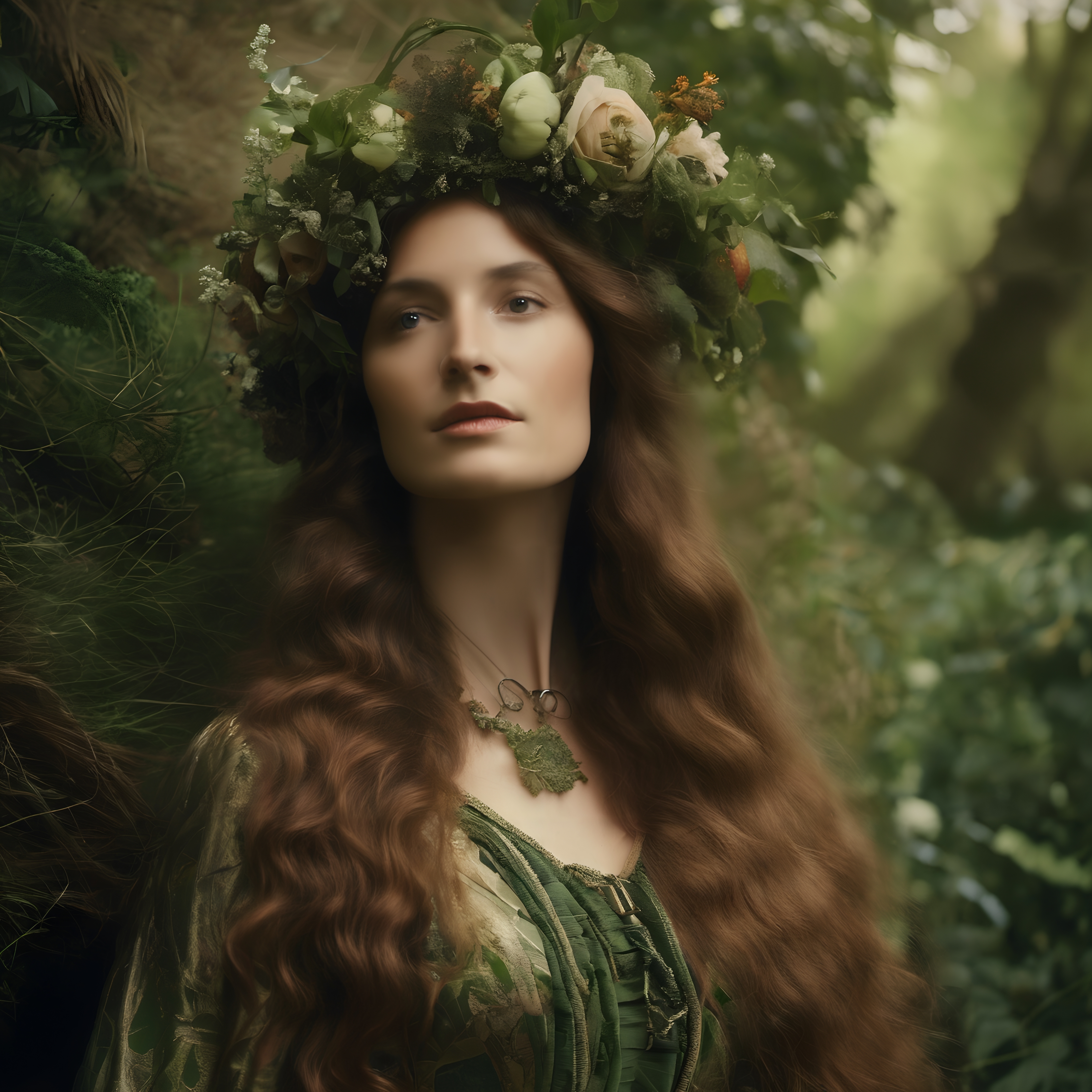 Ethereal Forest Woman with Floral Crown - Nature Portrait Photog
