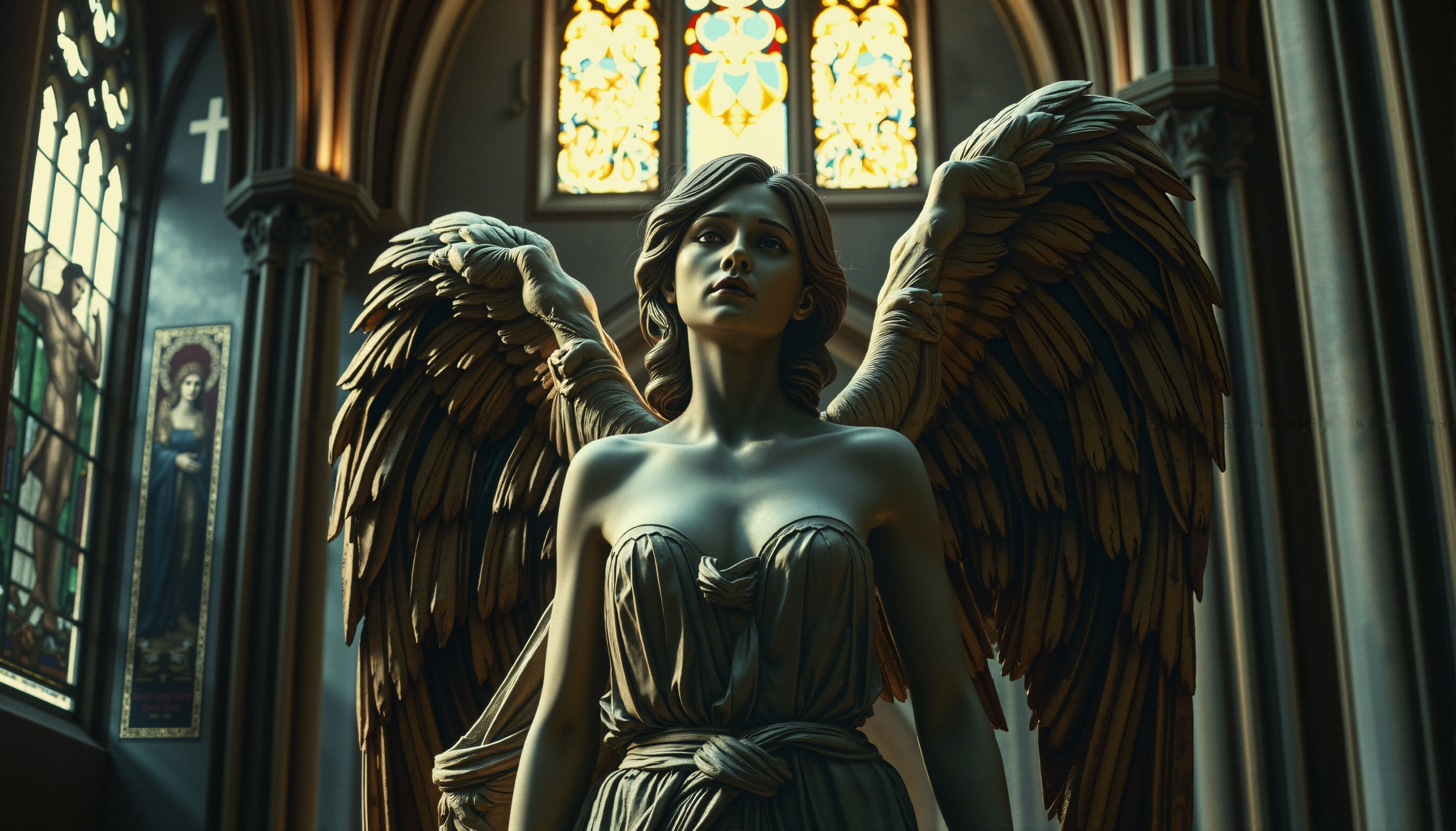 Intricate angel statue inside church with stained glass backdrop.