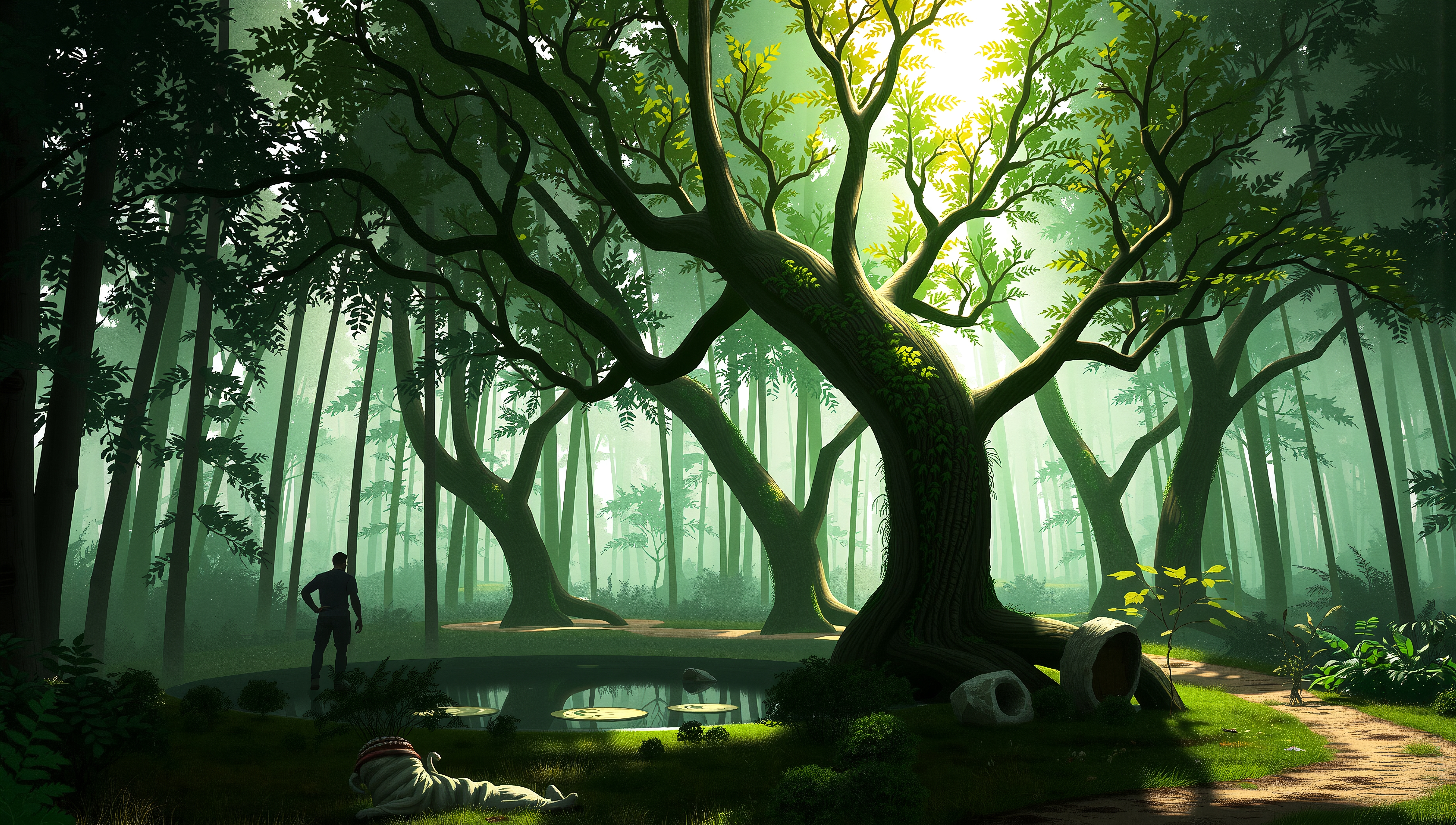 A mysterious forest setting with lush trees, a small pond, and an astronaut suit.