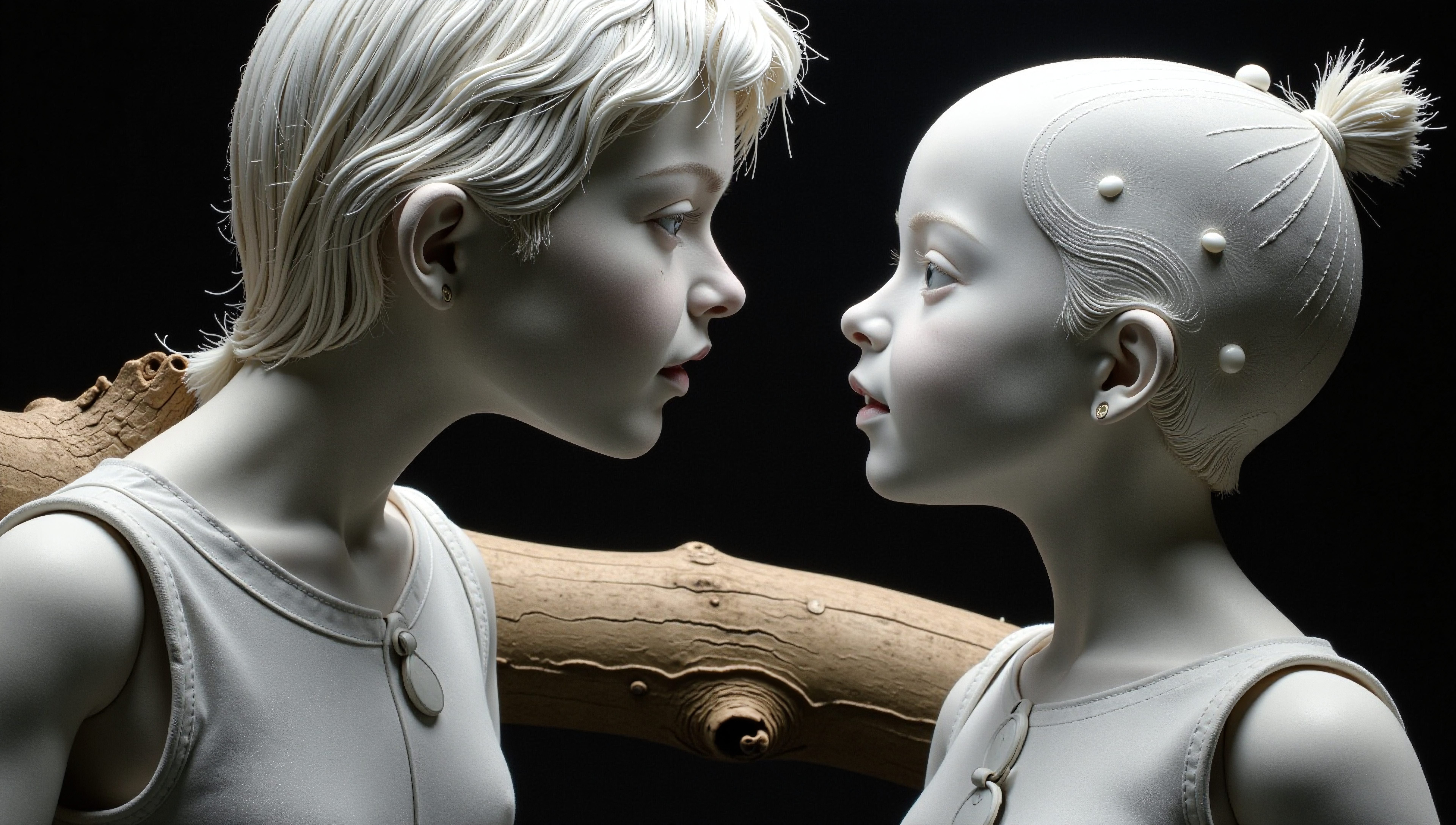 Two stylized figures facing each other with dramatic lighting and wooden background.