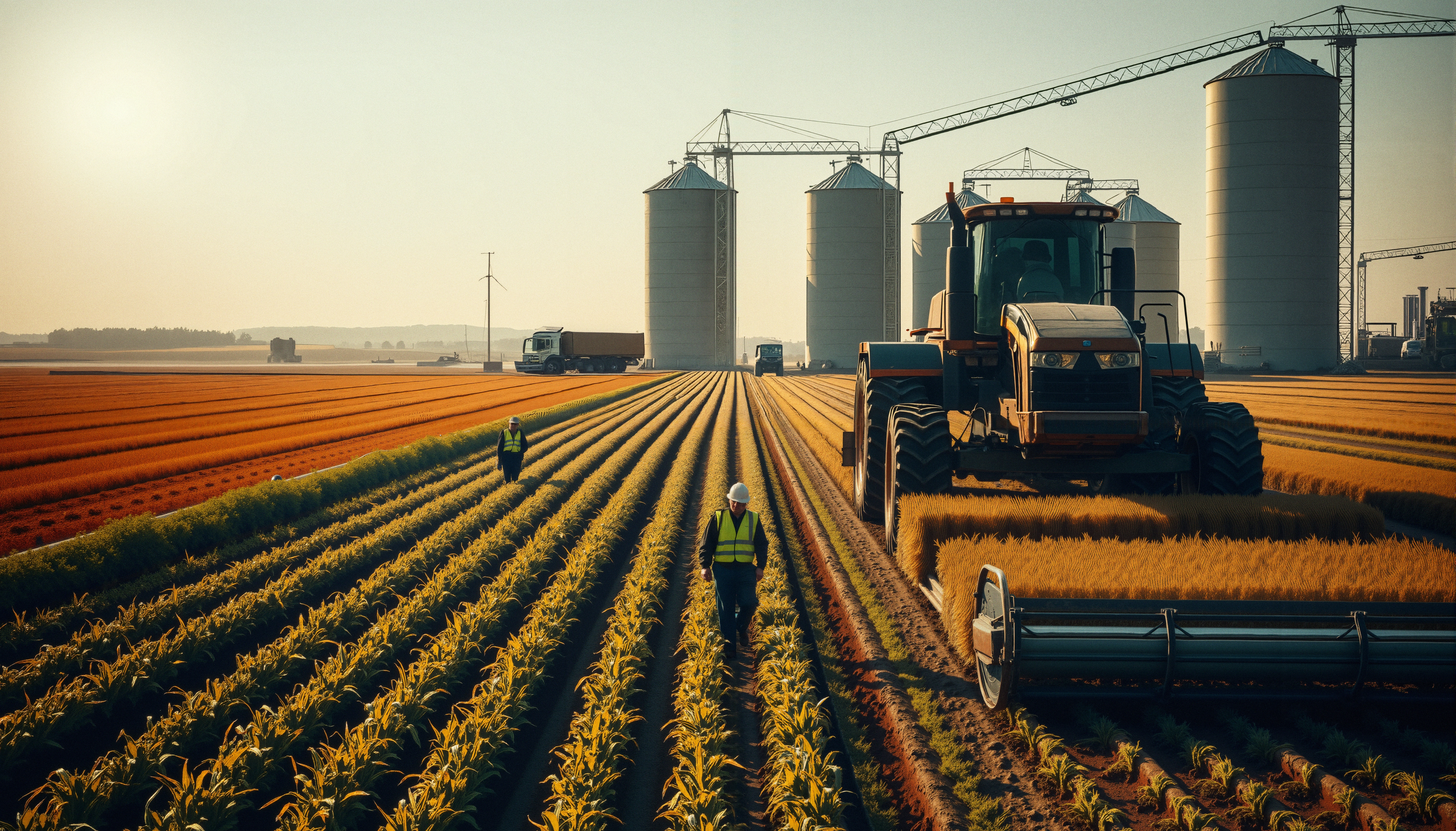 Golden Hour Agricultural Field with Harvesters and Silos