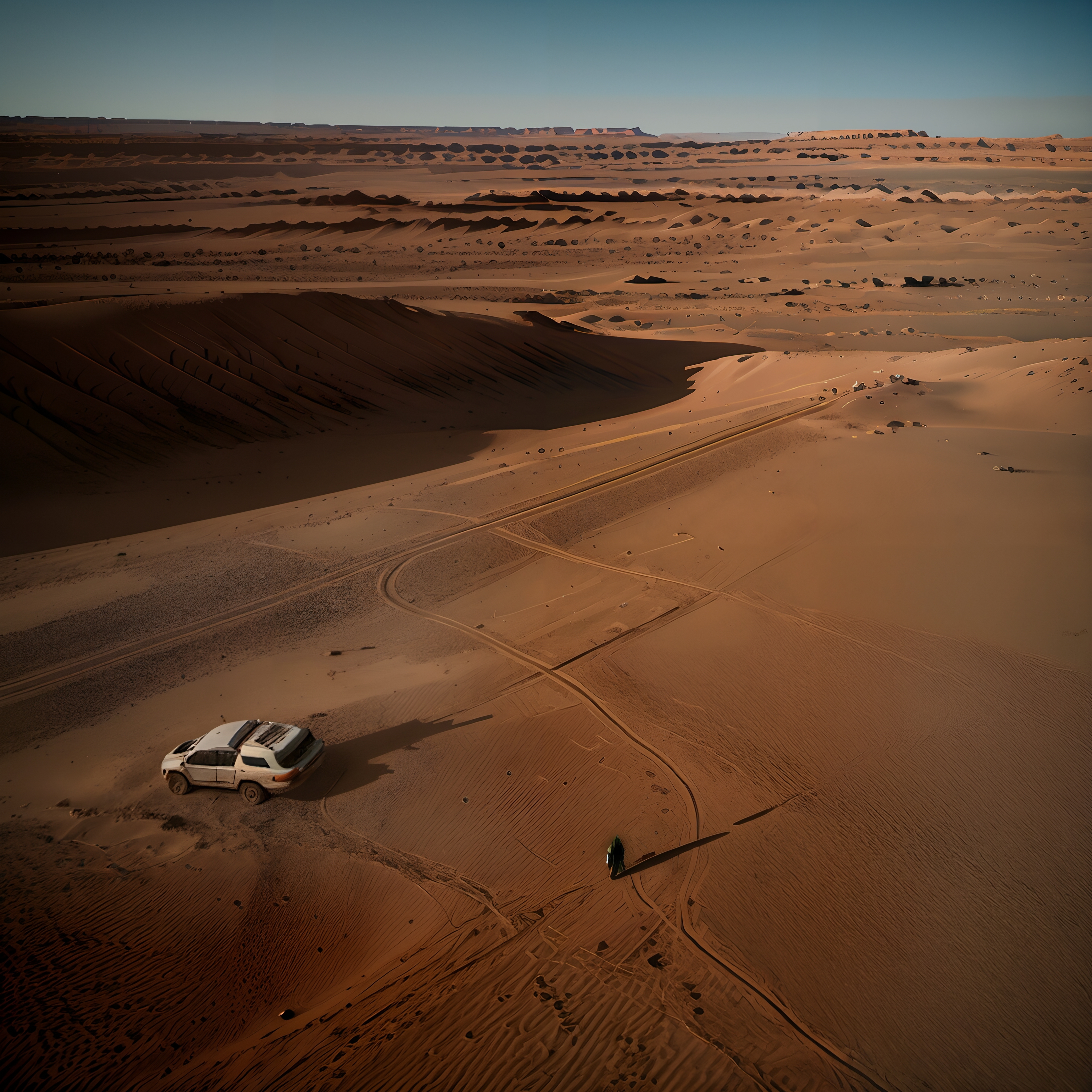A white SUV and person in a vast desert landscape with dunes and tire tracks.