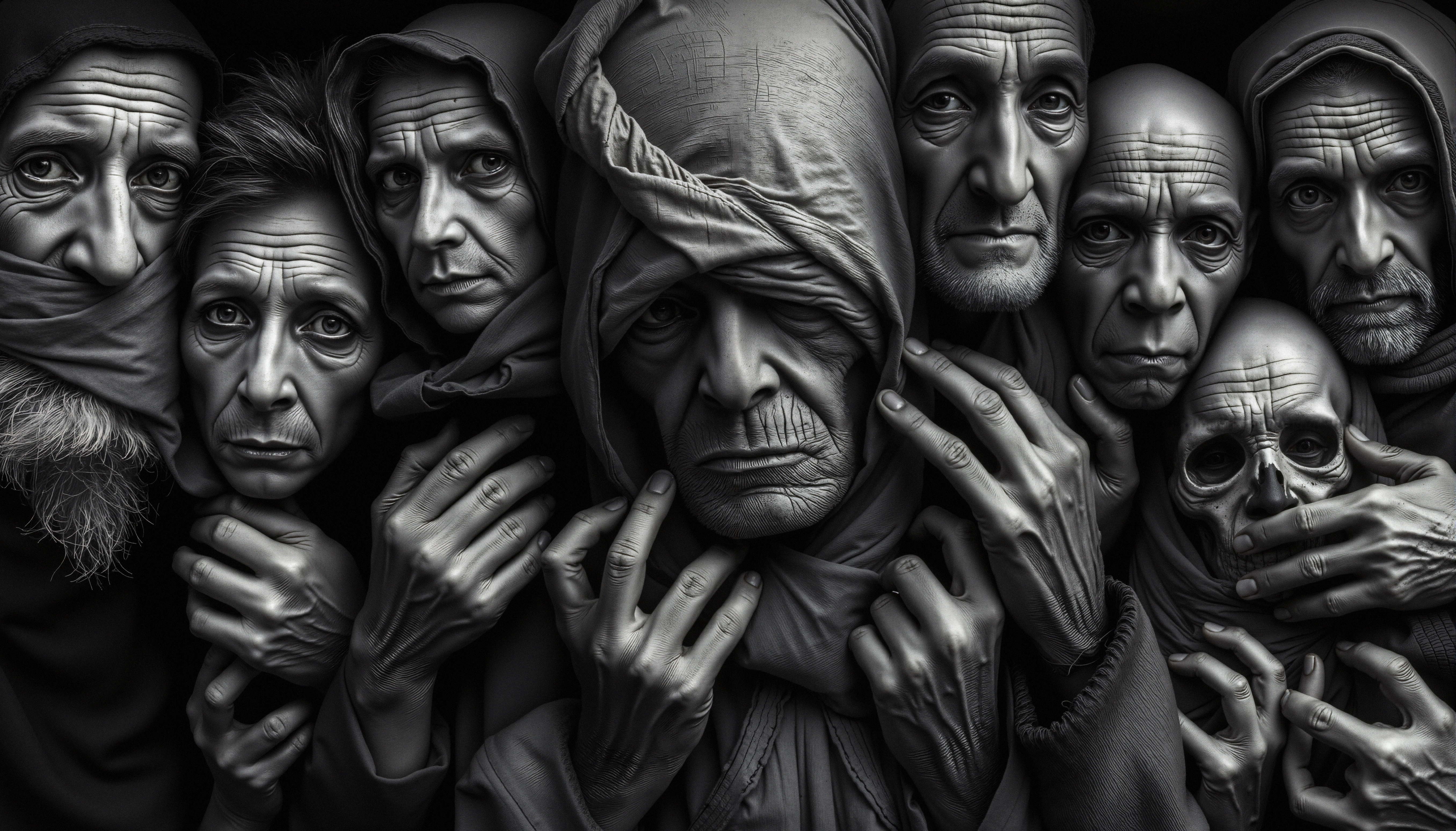 Monochrome Portrait of Elderly Faces and Skeletal Elements